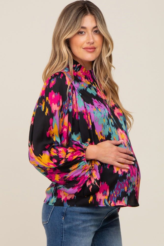 Black Abstract Smocked Mock Neck Maternity Blouse sold by Pinkblush product image thumbnail 2