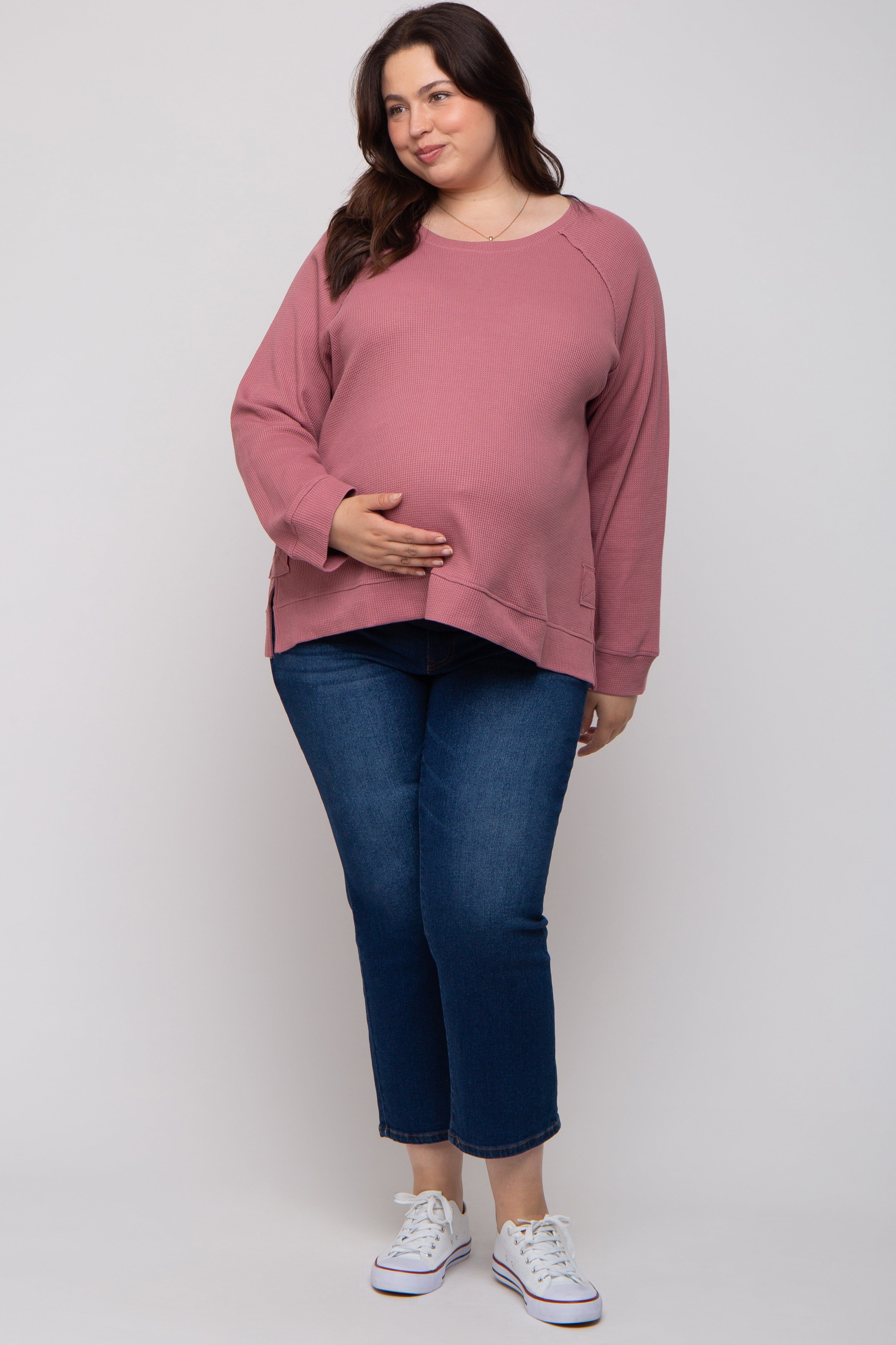 Mauve Oversized Waffle Knit Maternity Plus Long Sleeve Top sold by Pinkblush