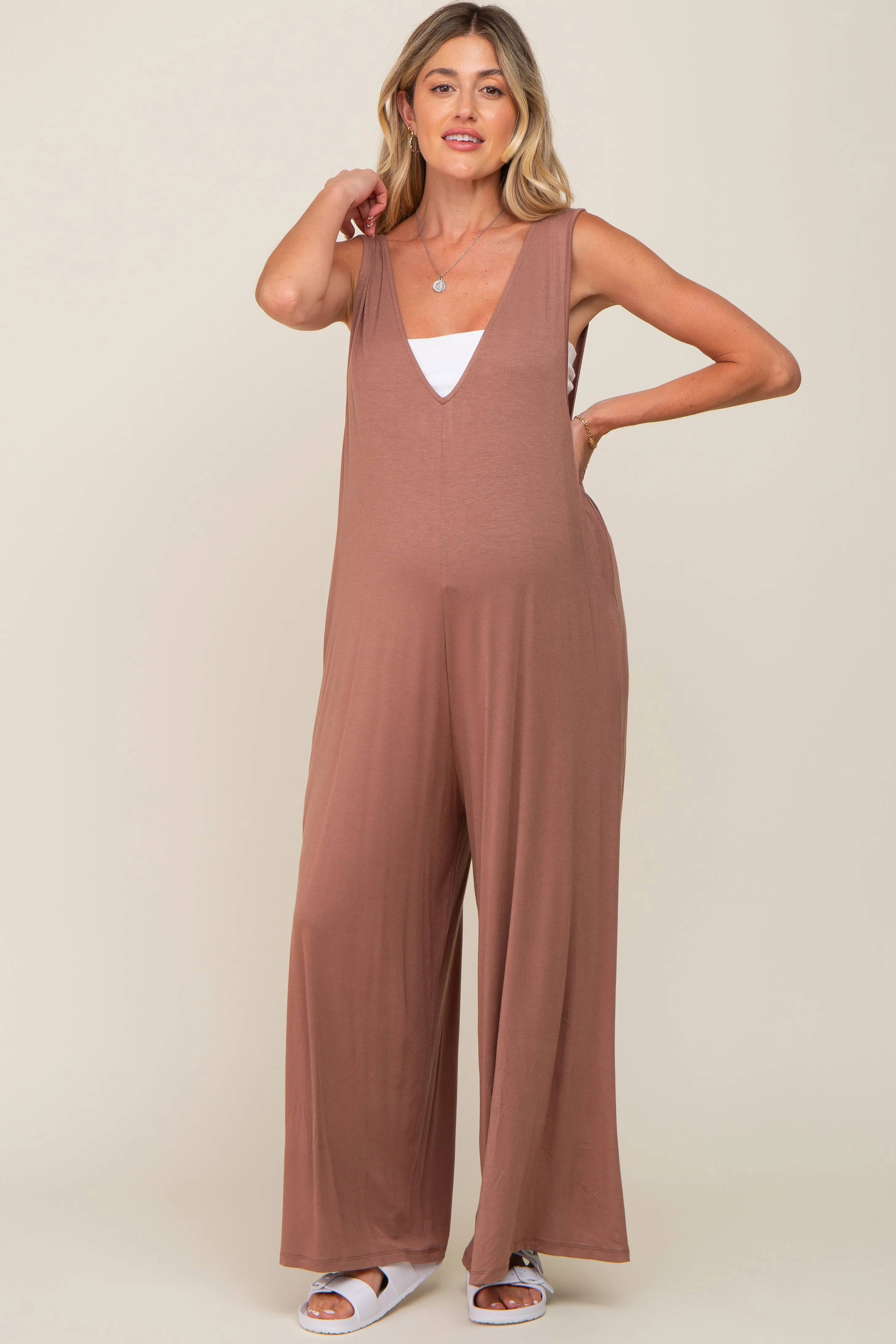 Mocha Deep V Sleeveless Wide Leg Maternity Jumpsuit sold by Pinkblush product image thumbnail 5