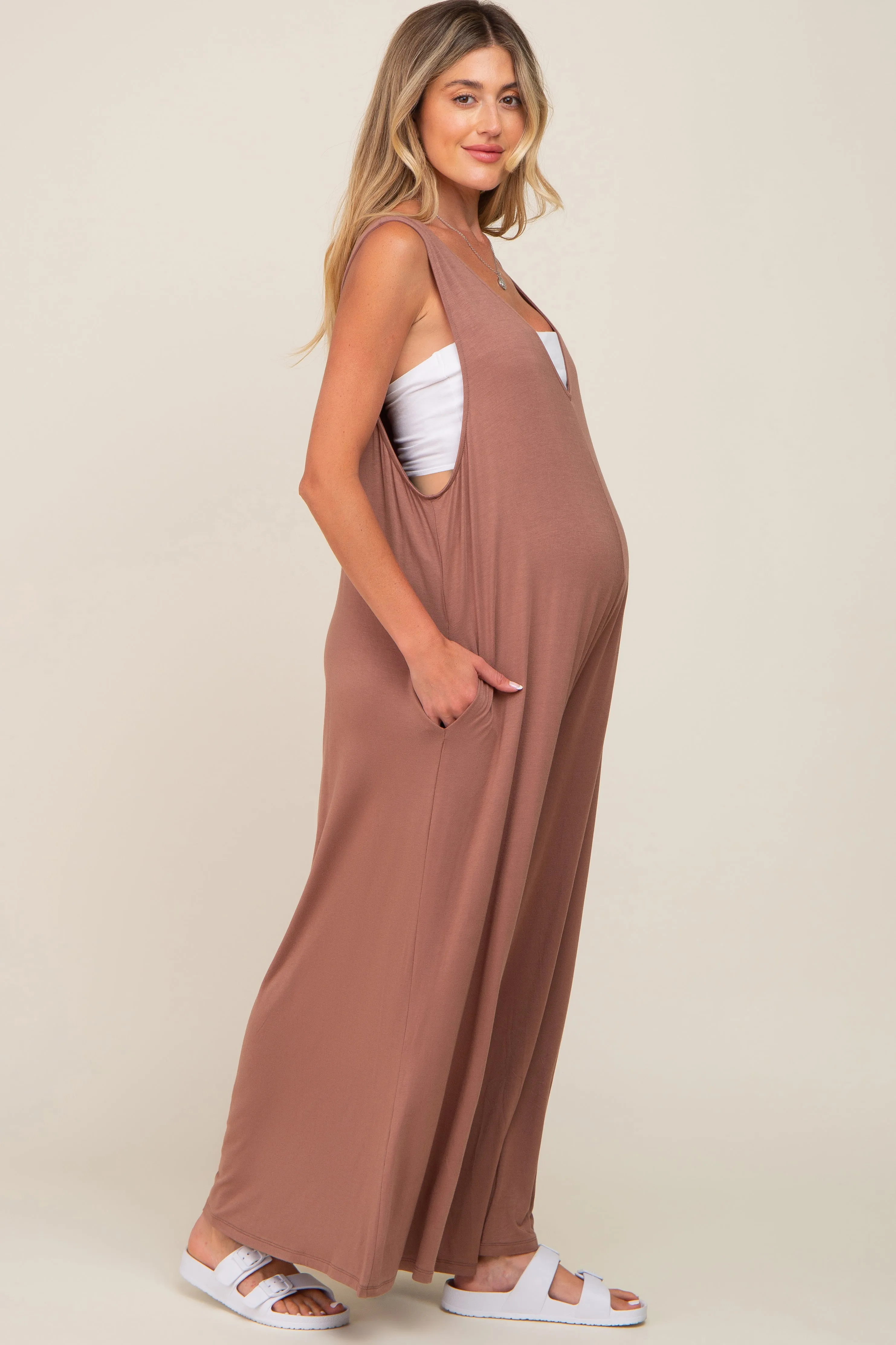 Mocha Deep V Sleeveless Wide Leg Maternity Jumpsuit sold by Pinkblush product image thumbnail 2