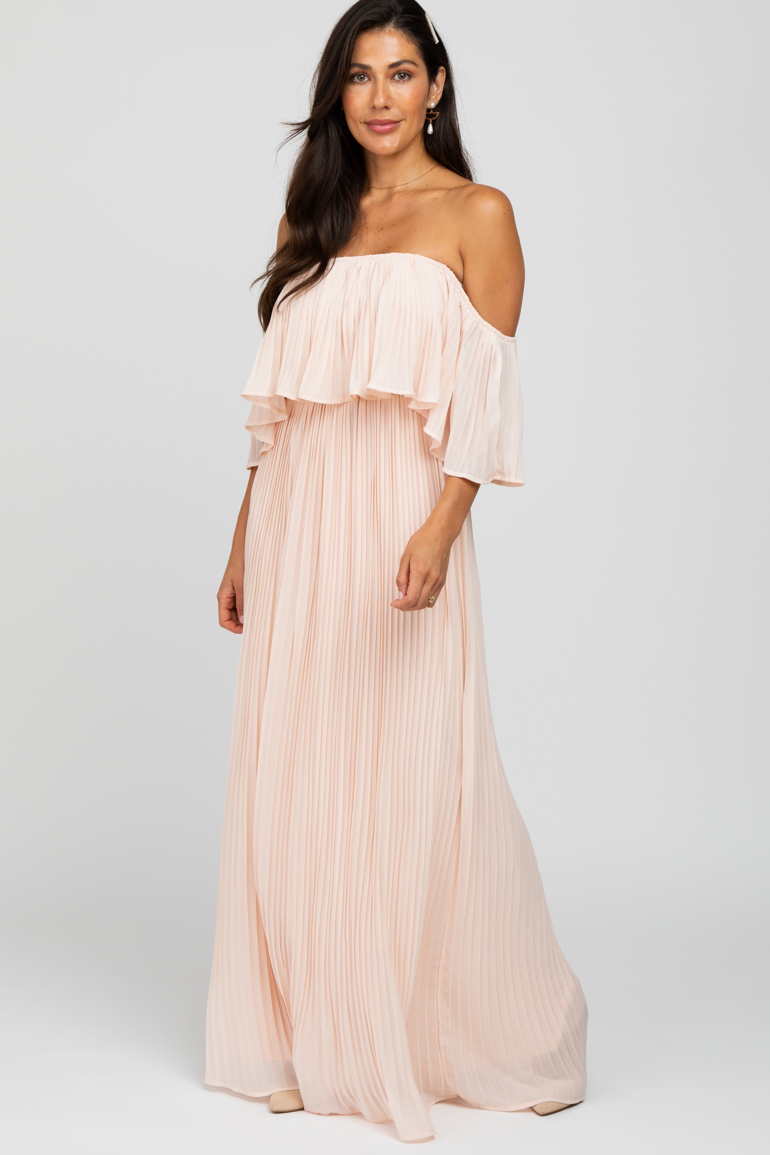 Peach Chiffon Pleated Off Shoulder Maternity Maxi Dress sold by Pinkblush product image thumbnail 5