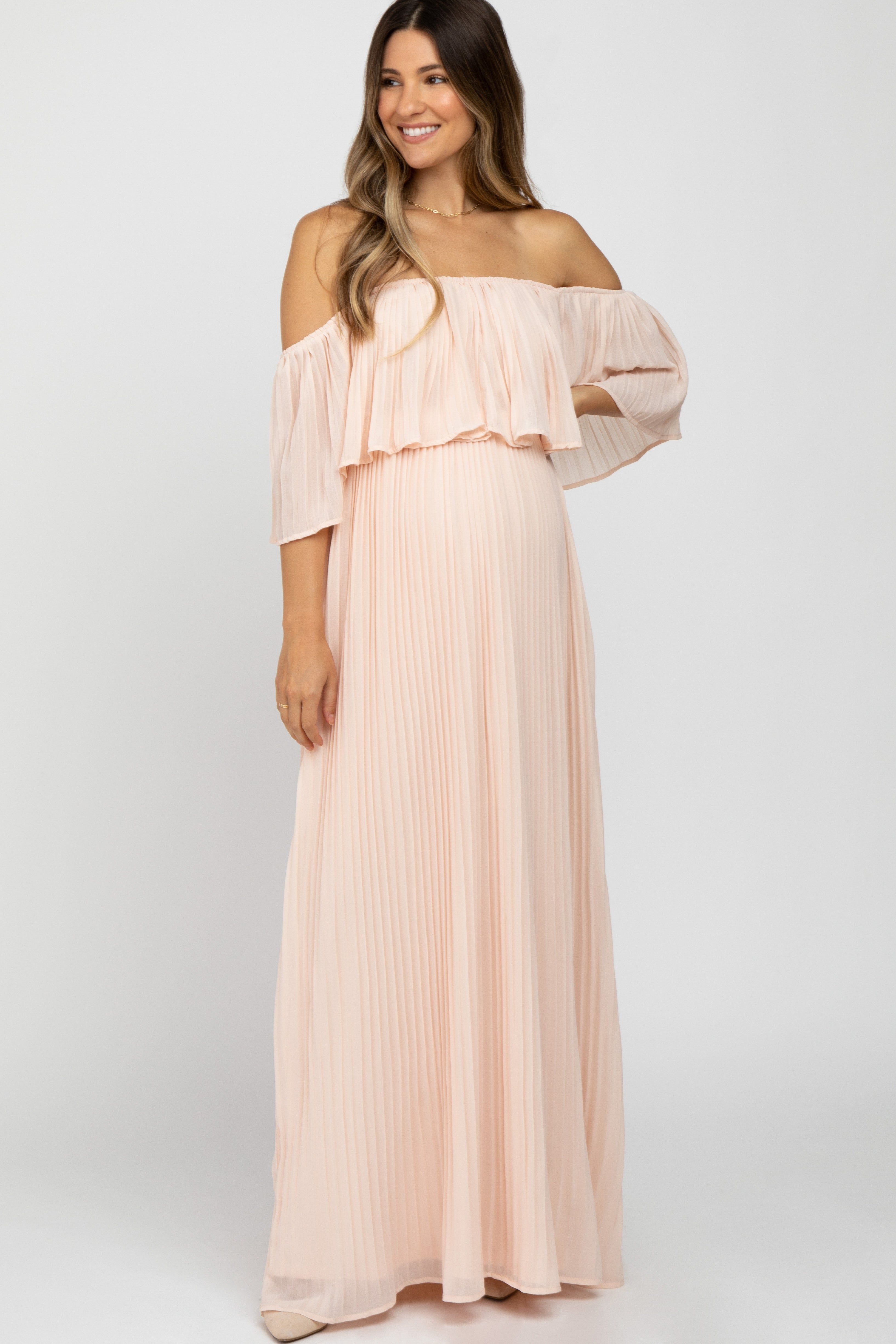 Peach Chiffon Pleated Off Shoulder Maternity Maxi Dress sold by Pinkblush product image thumbnail 2