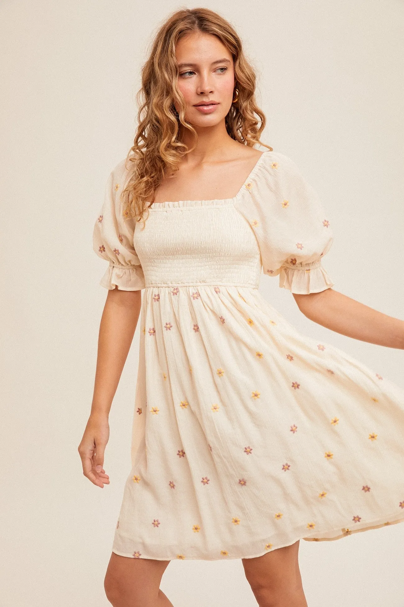 Cream Floral Embroidered Smocked Dress sold by Pinkblush
