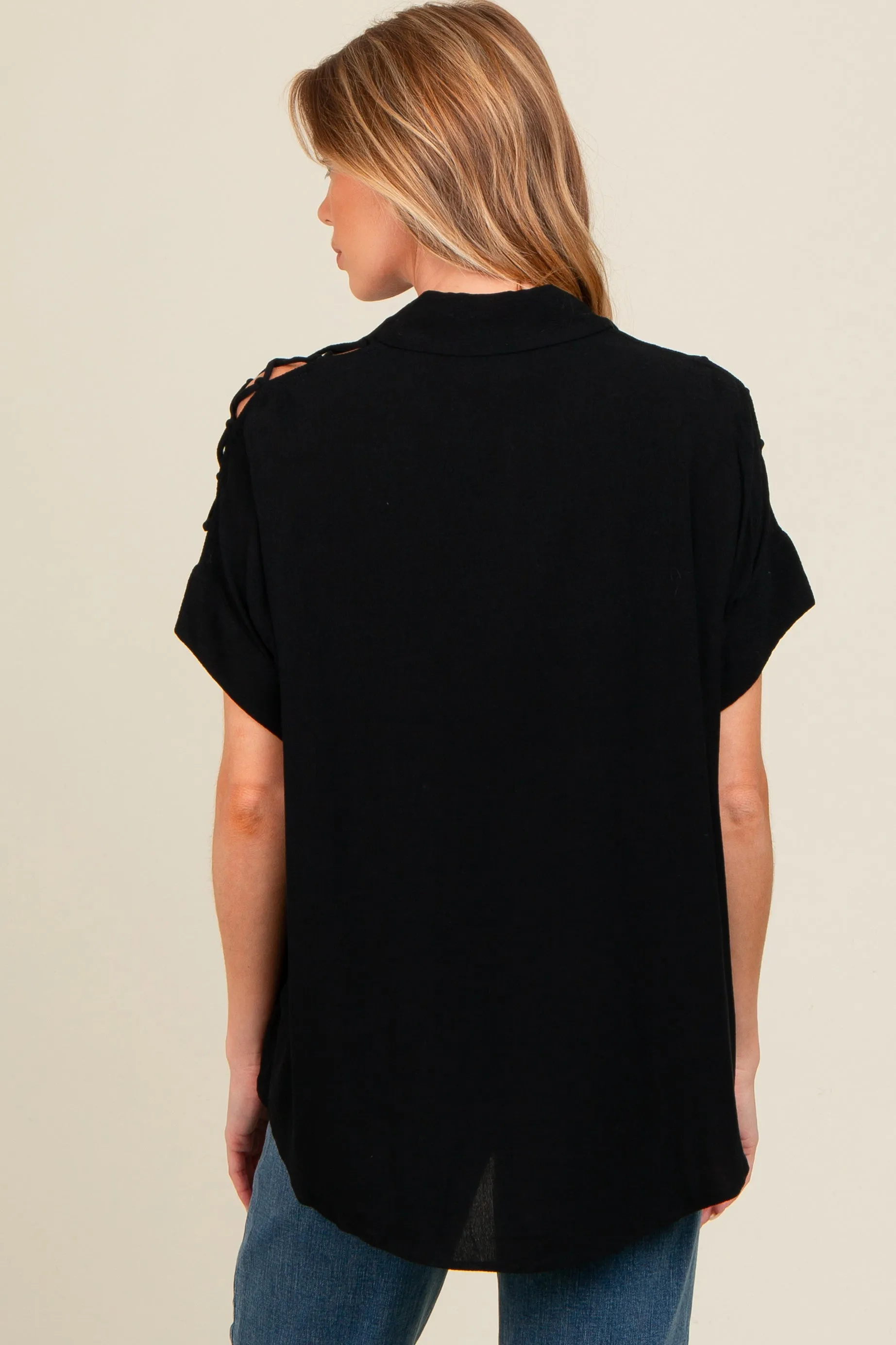 Black Button Down Lace-Up Shoulder Maternity Top sold by Pinkblush product image thumbnail 2