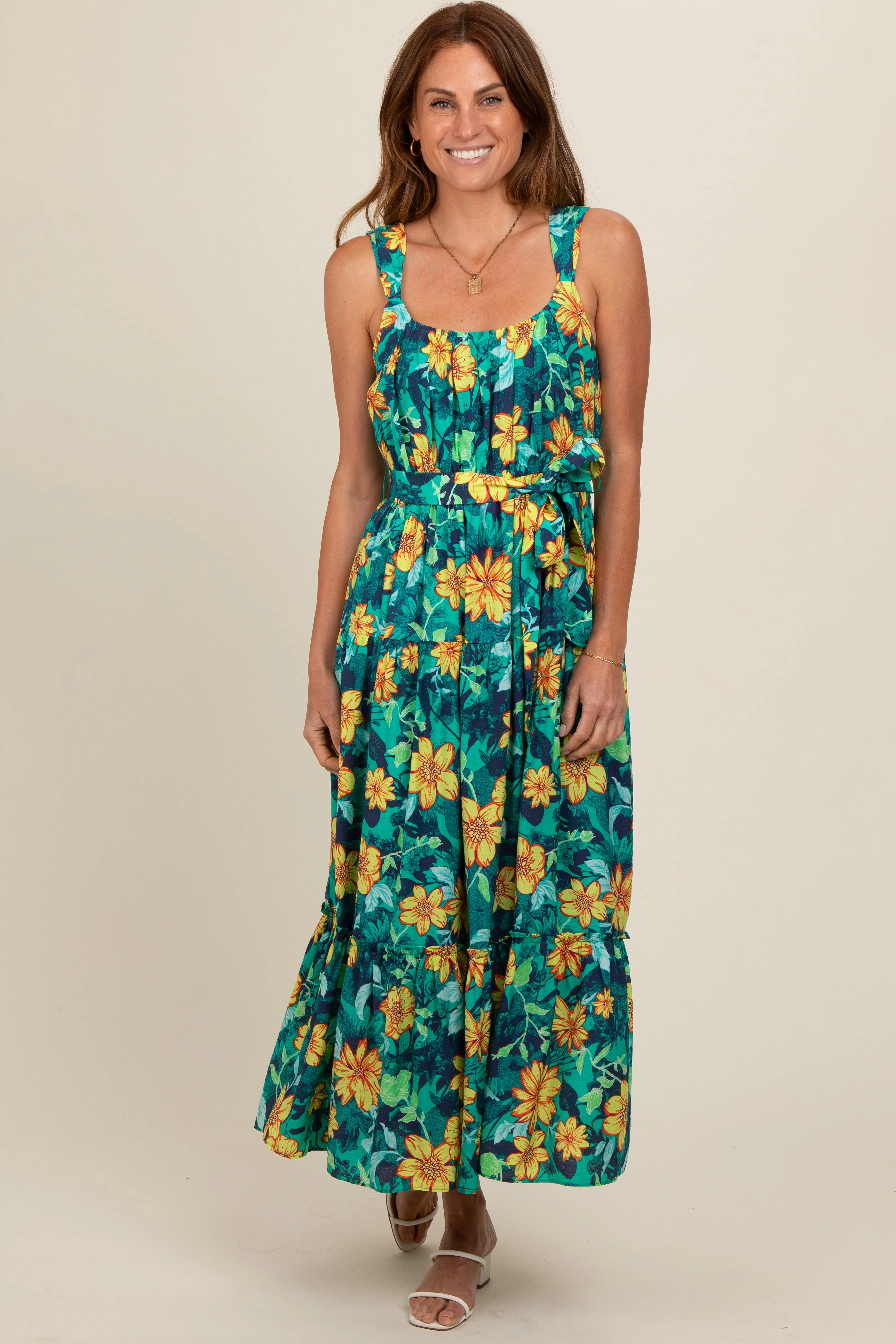 Yellow Floral Tiered Sash Tie Midi Dress sold by Pinkblush