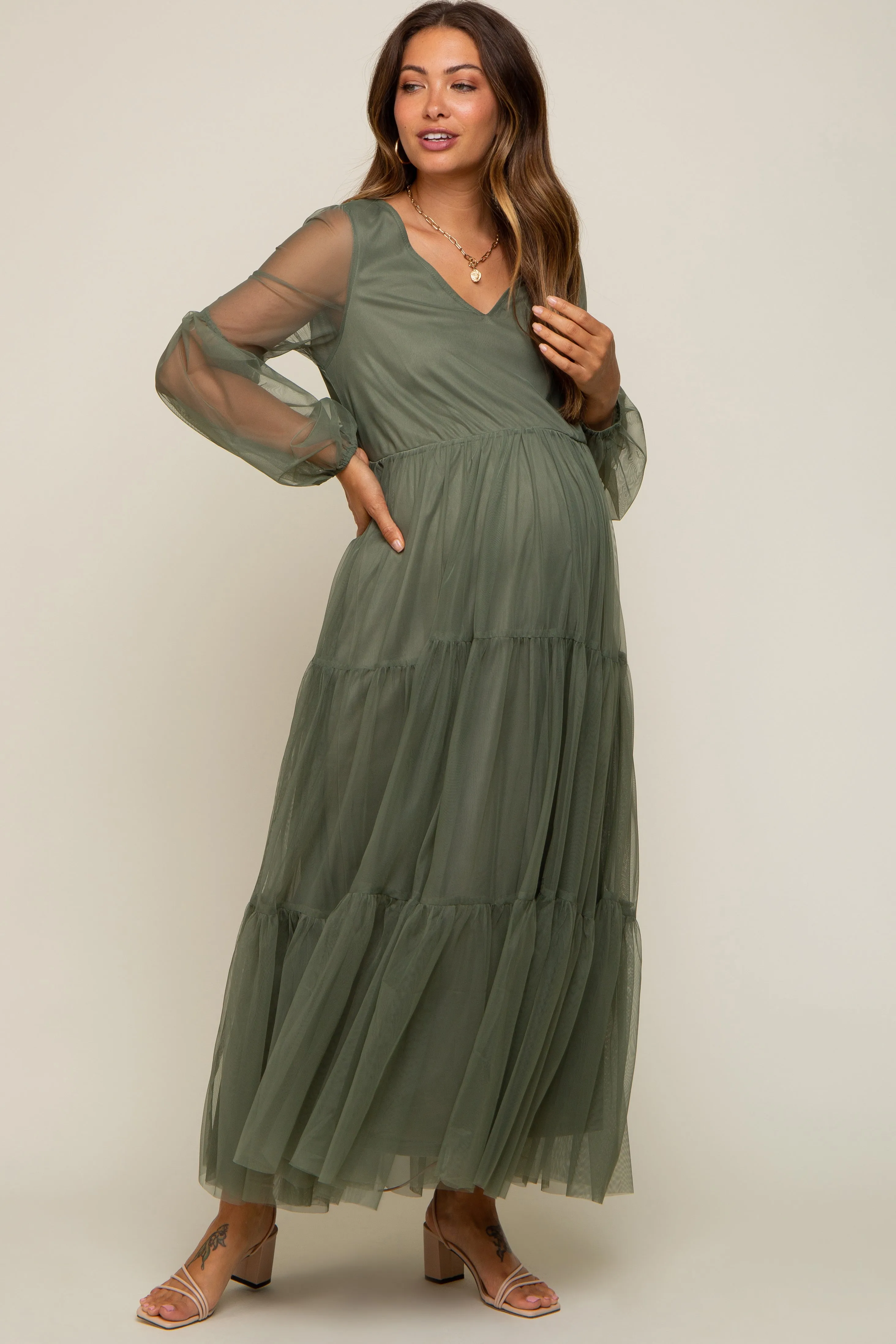 Olive Mesh Overlay Tiered Maternity Maxi Dress sold by Pinkblush product image thumbnail 5