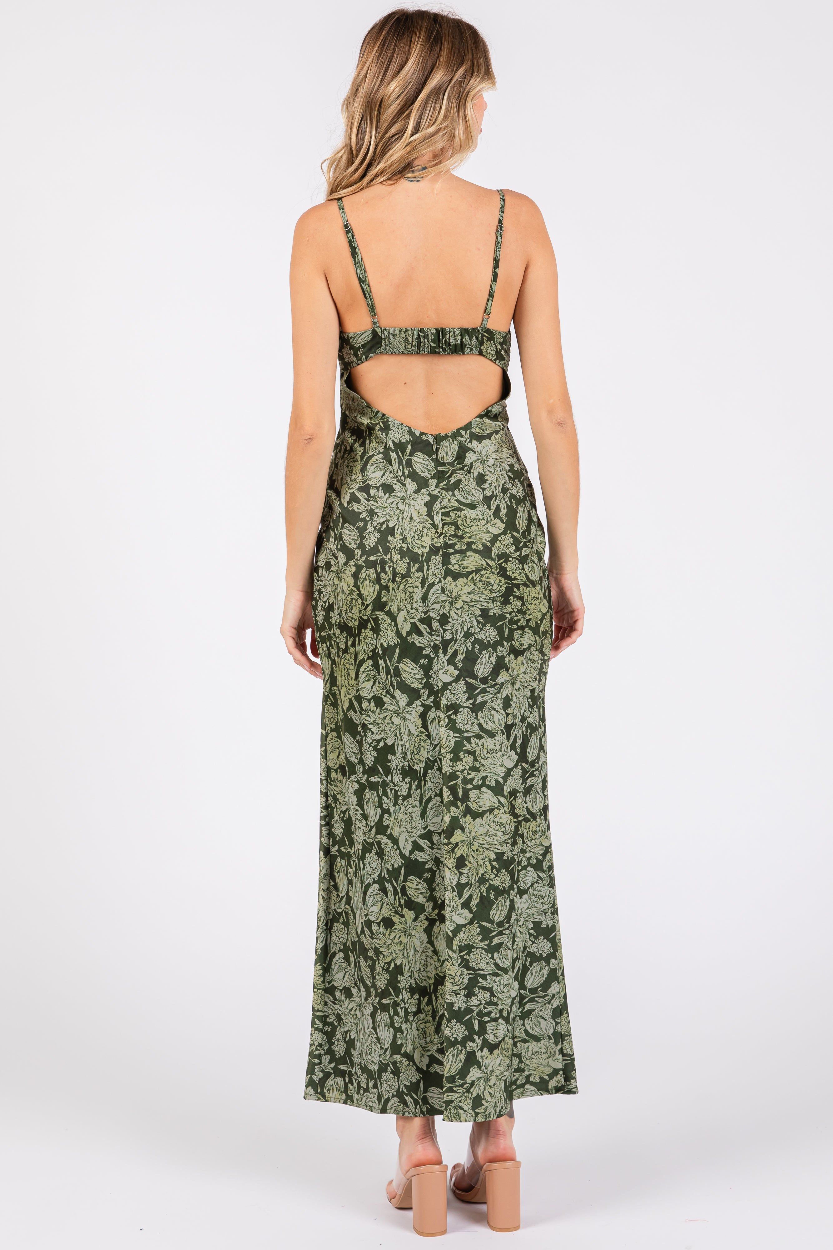 Olive Satin Floral Lace V-Neck Cut Out Back Midi Dress sold by Pinkblush product image thumbnail 3