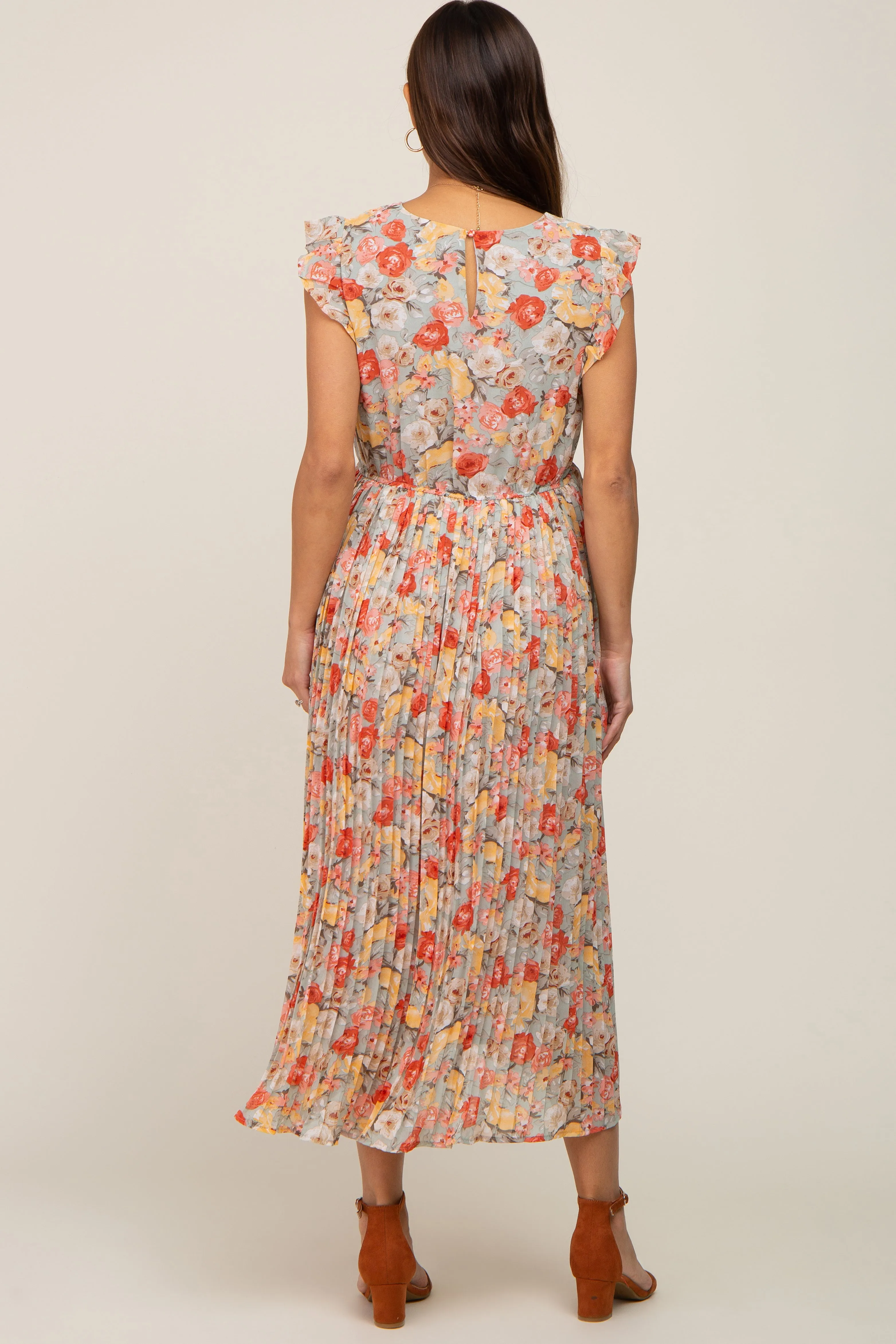 Mint Green Floral Chiffon Pleated Maternity Midi Dress sold by Pinkblush product image thumbnail 4