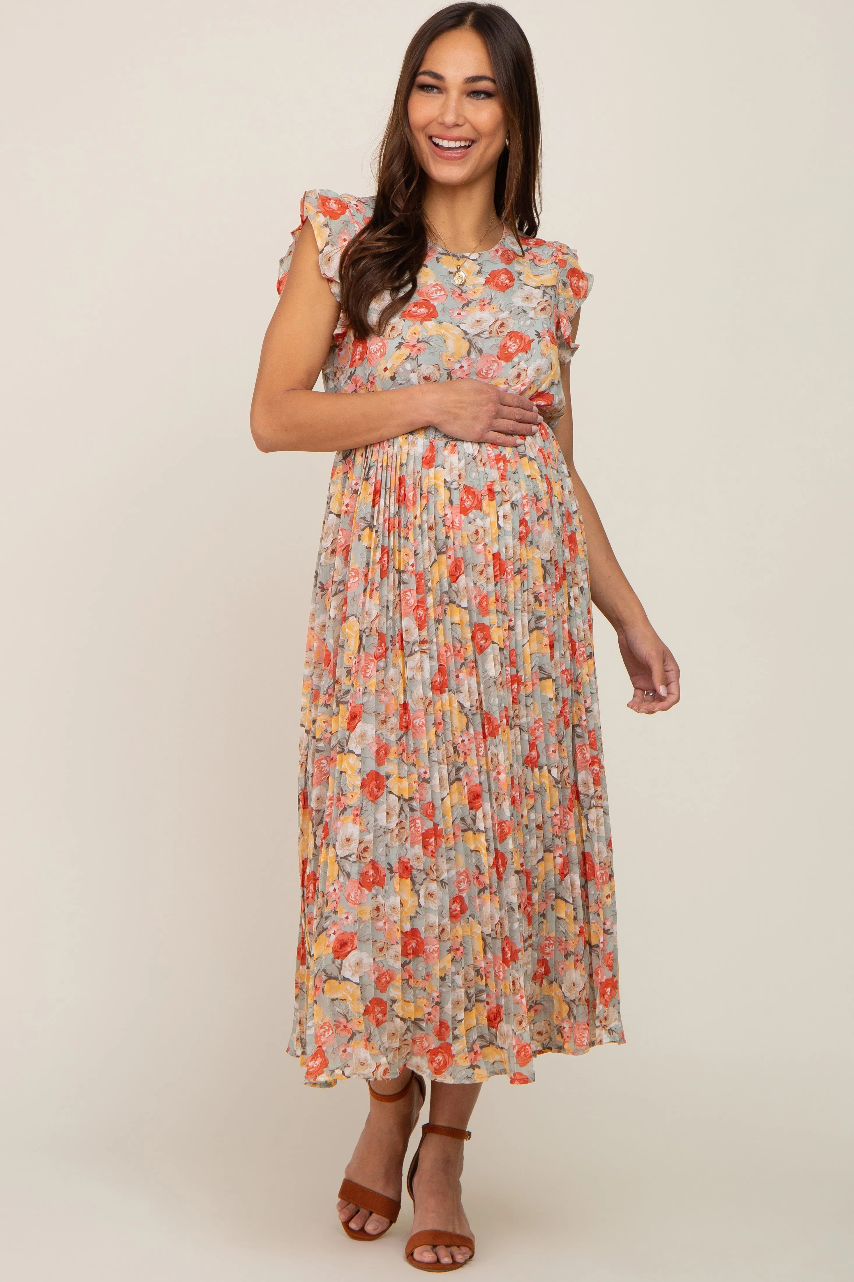 Mint Green Floral Chiffon Pleated Maternity Midi Dress sold by Pinkblush