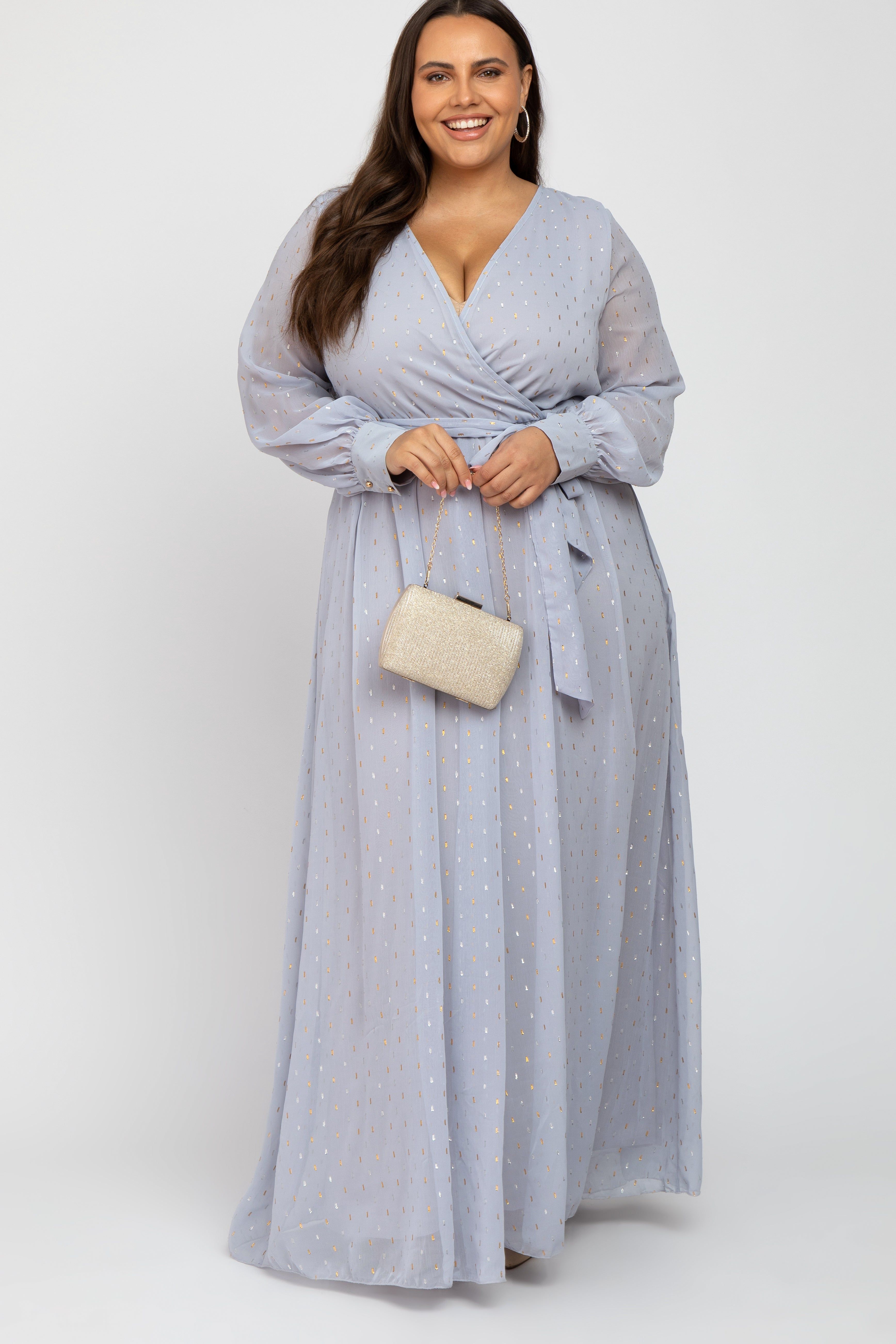 Light Grey Metallic Print Chiffon Plus Maxi Dress sold by Pinkblush