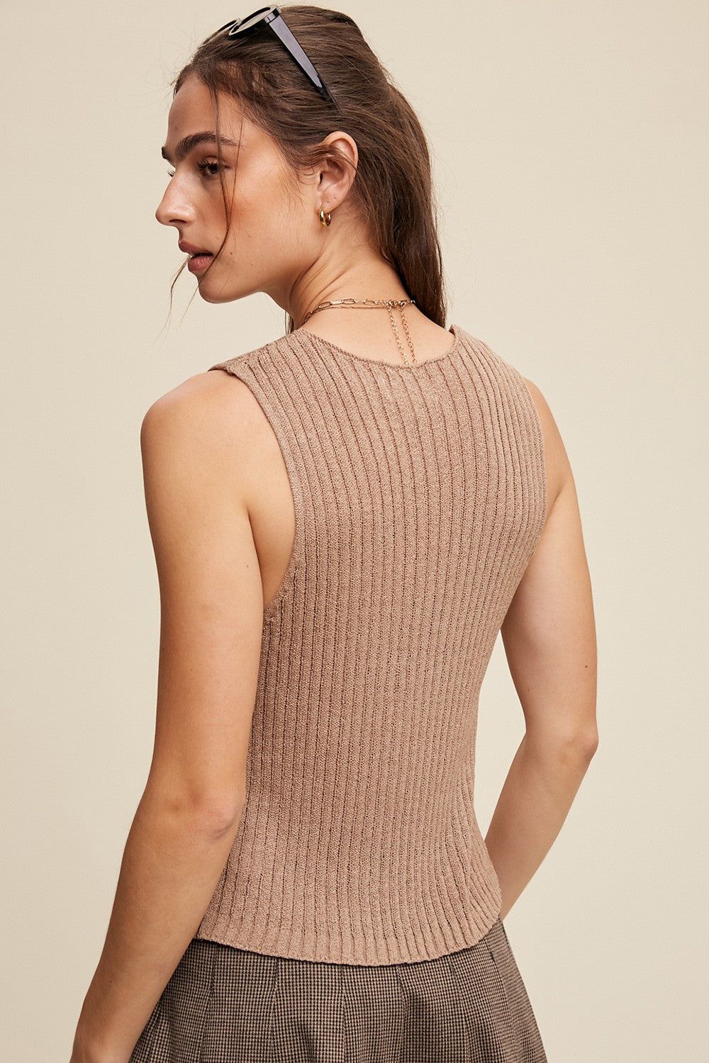 Mocha Open Ribbed Knit Button Down Vest sold by Pinkblush product image thumbnail 2