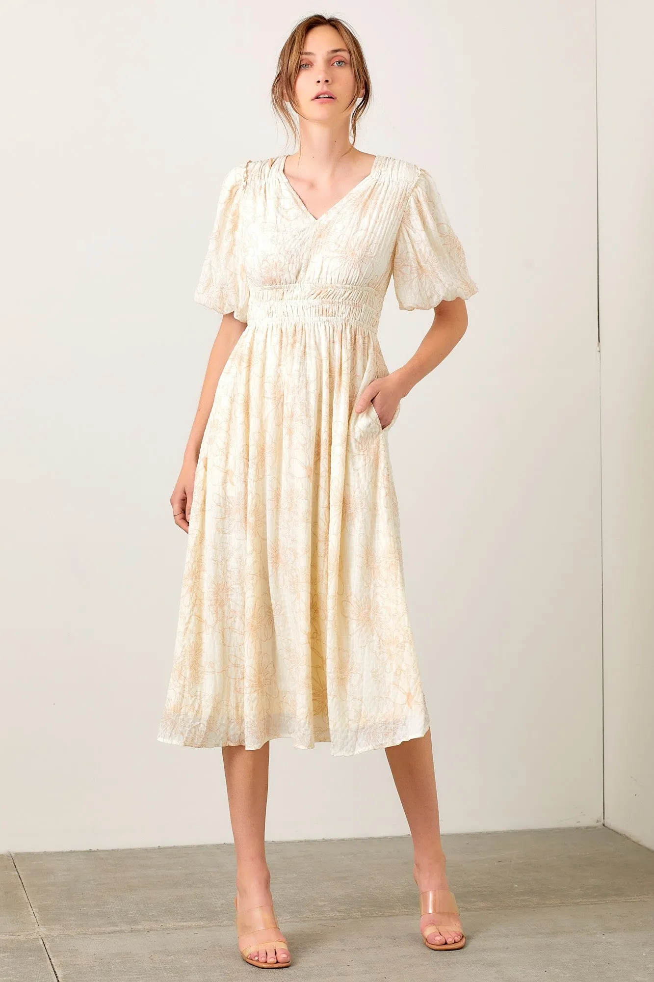 Cream Floral Smocked Waist Midi Dress sold by Pinkblush product image thumbnail 2
