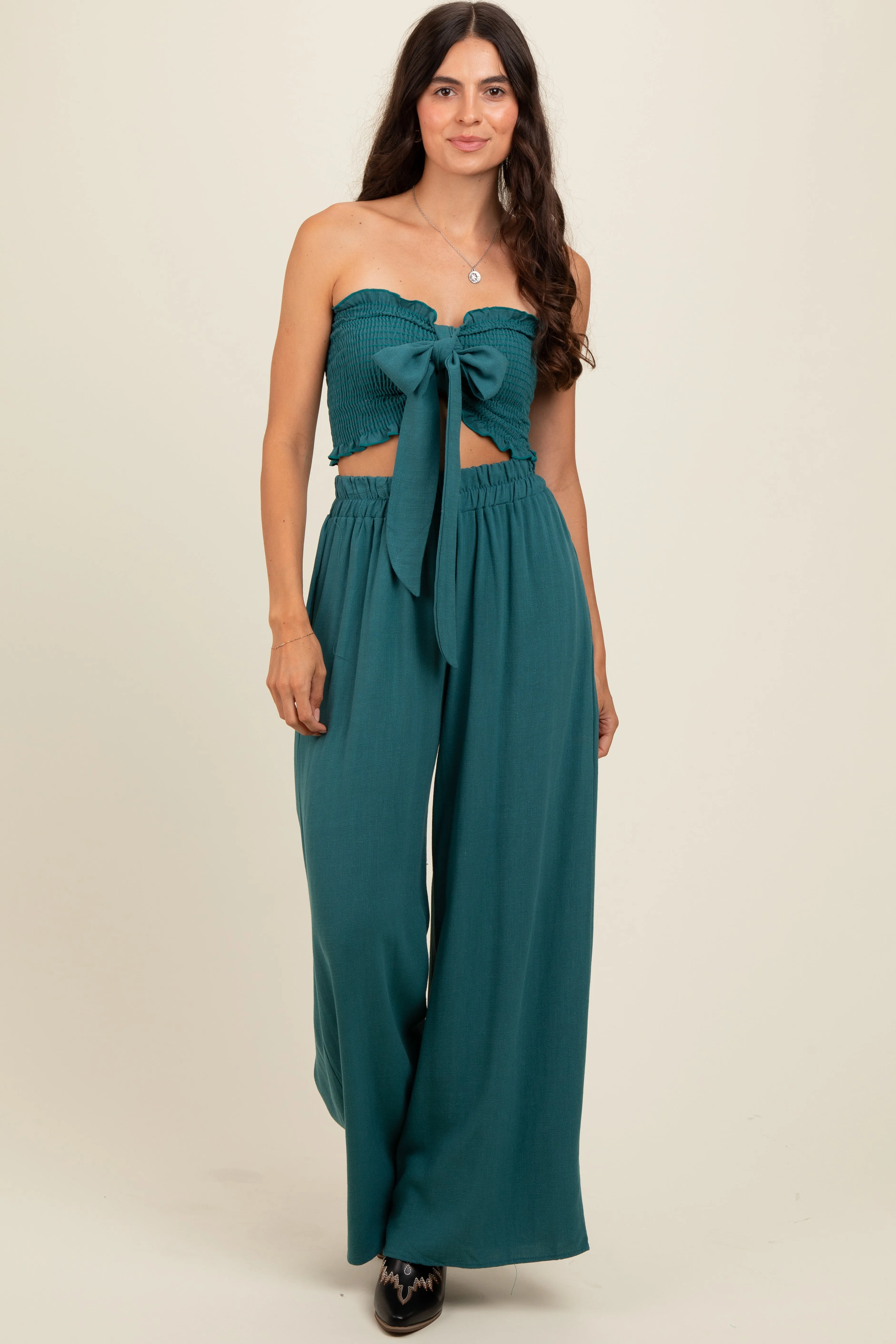 Teal Front Tie Crop Top and Pant Set sold by Pinkblush product image thumbnail 2