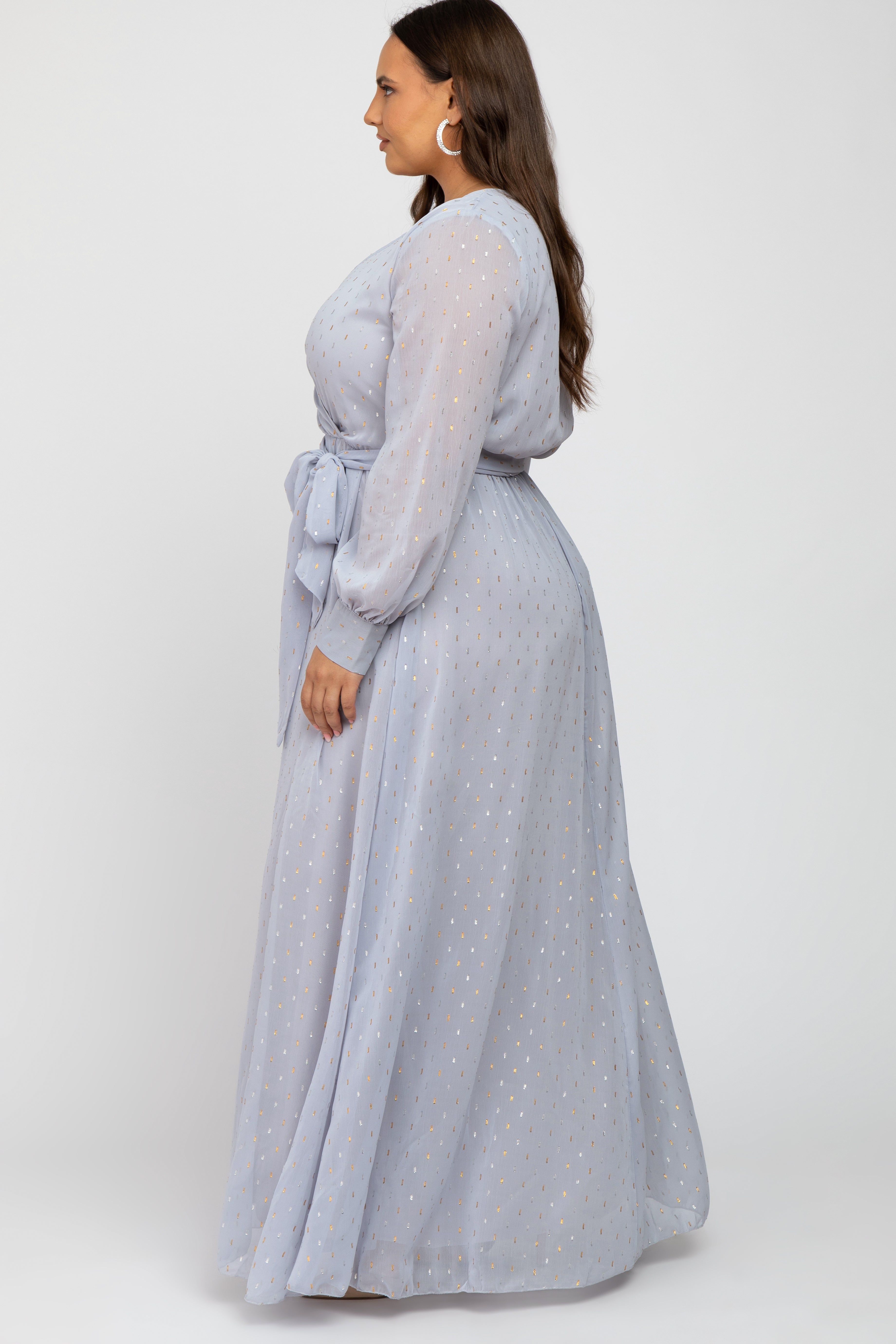 Light Grey Metallic Print Chiffon Plus Maxi Dress sold by Pinkblush product image thumbnail 2