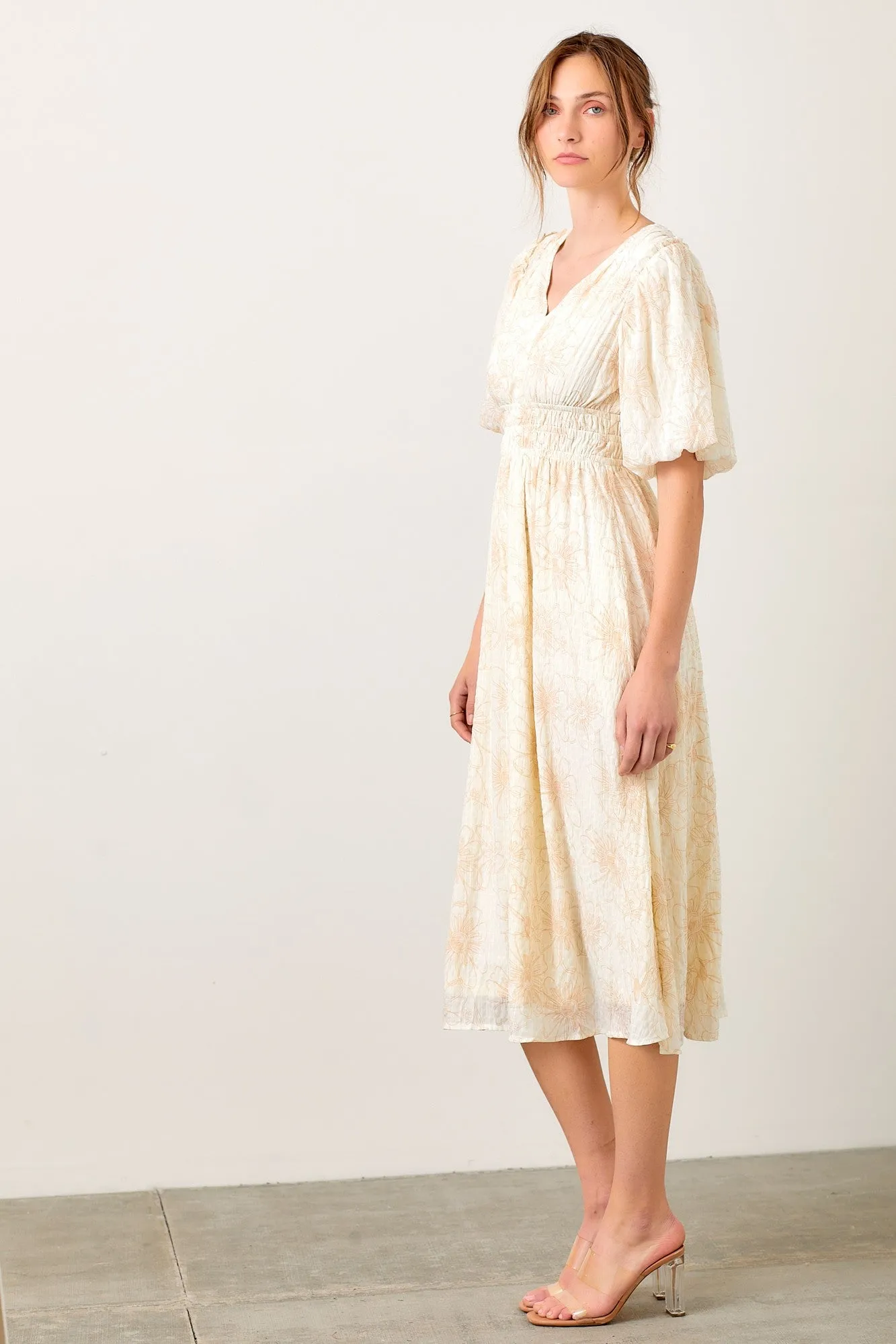 Cream Floral Smocked Waist Midi Dress sold by Pinkblush product image thumbnail 3