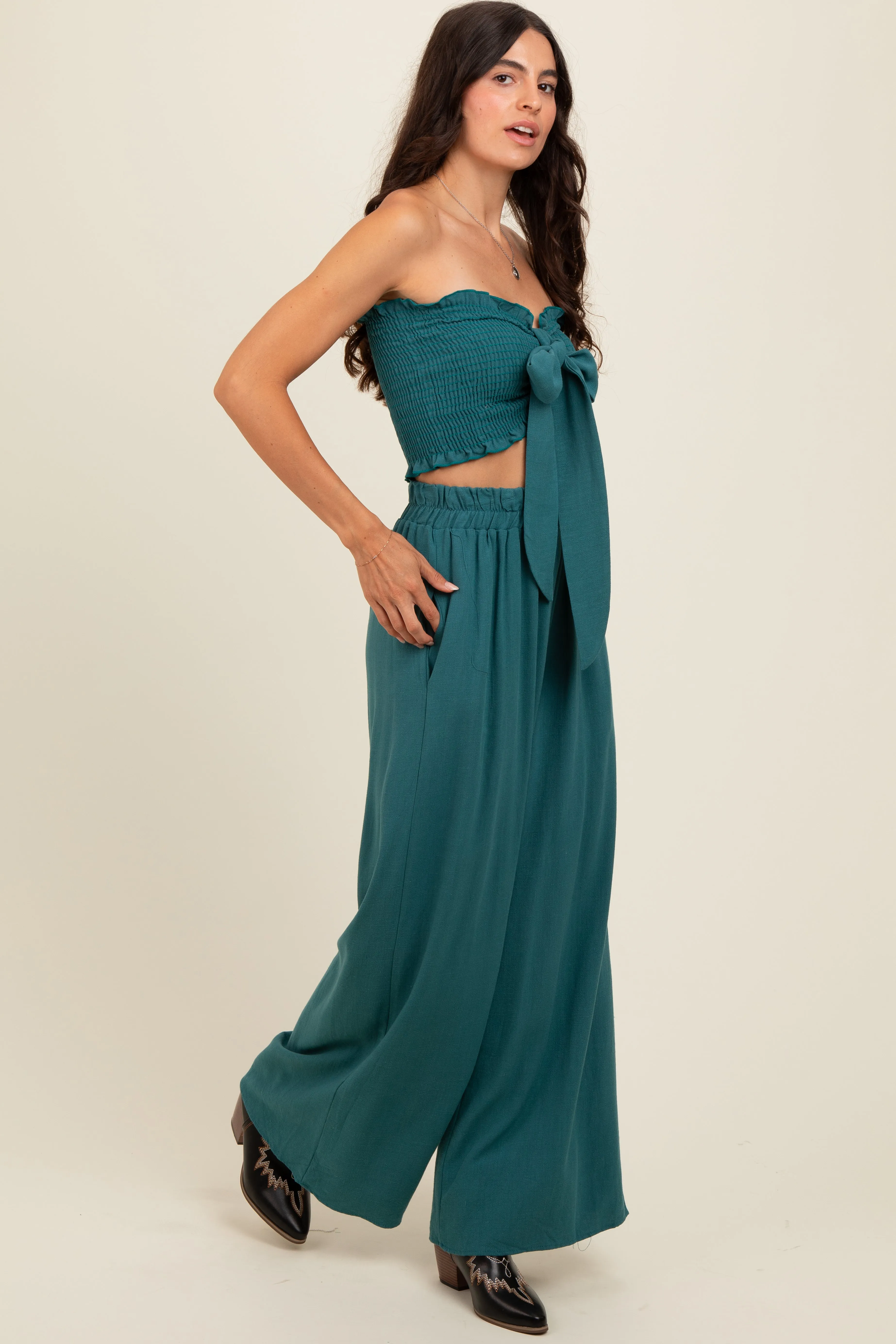 Teal Front Tie Crop Top and Pant Set sold by Pinkblush product image thumbnail 3