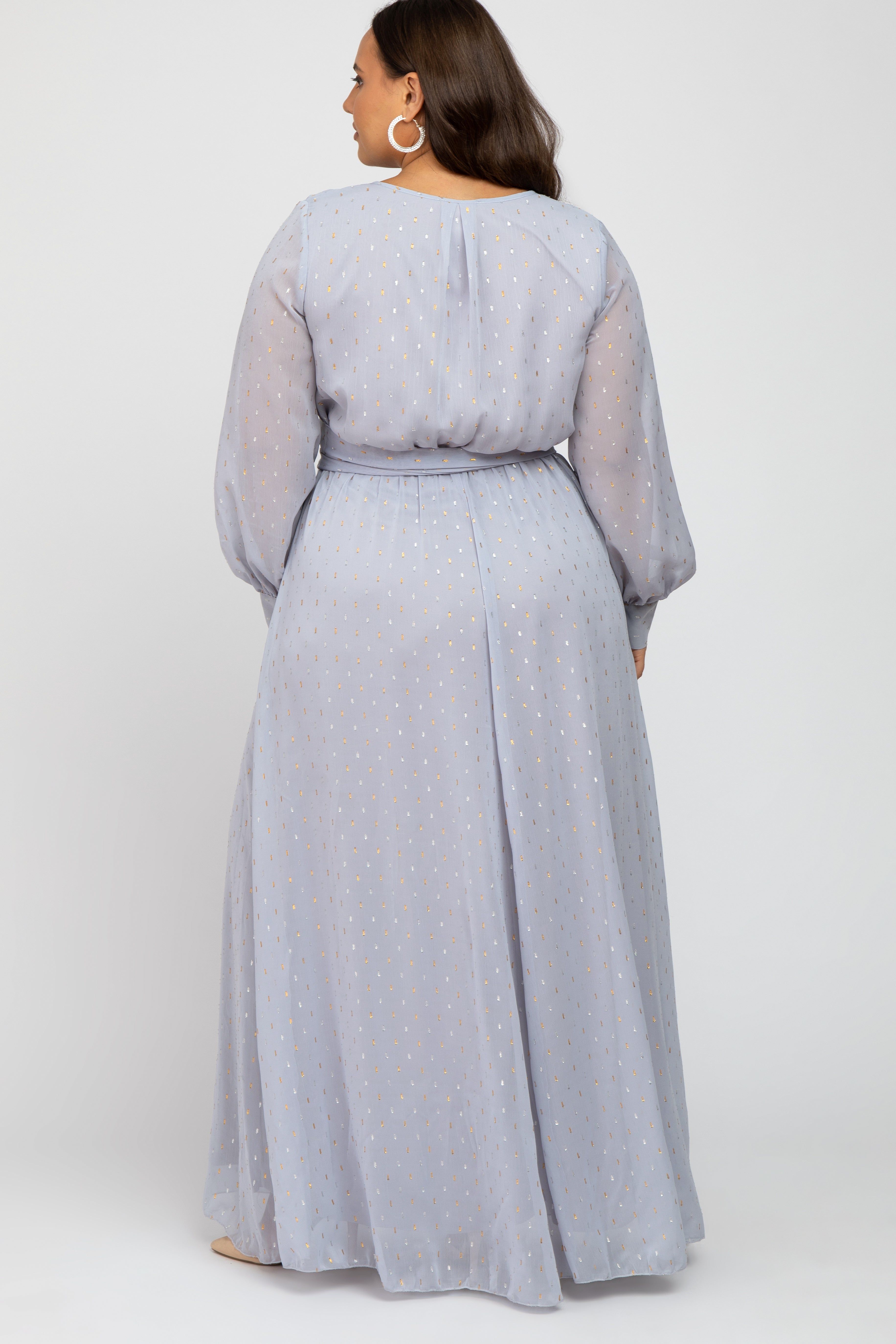 Light Grey Metallic Print Chiffon Plus Maxi Dress sold by Pinkblush product image thumbnail 3