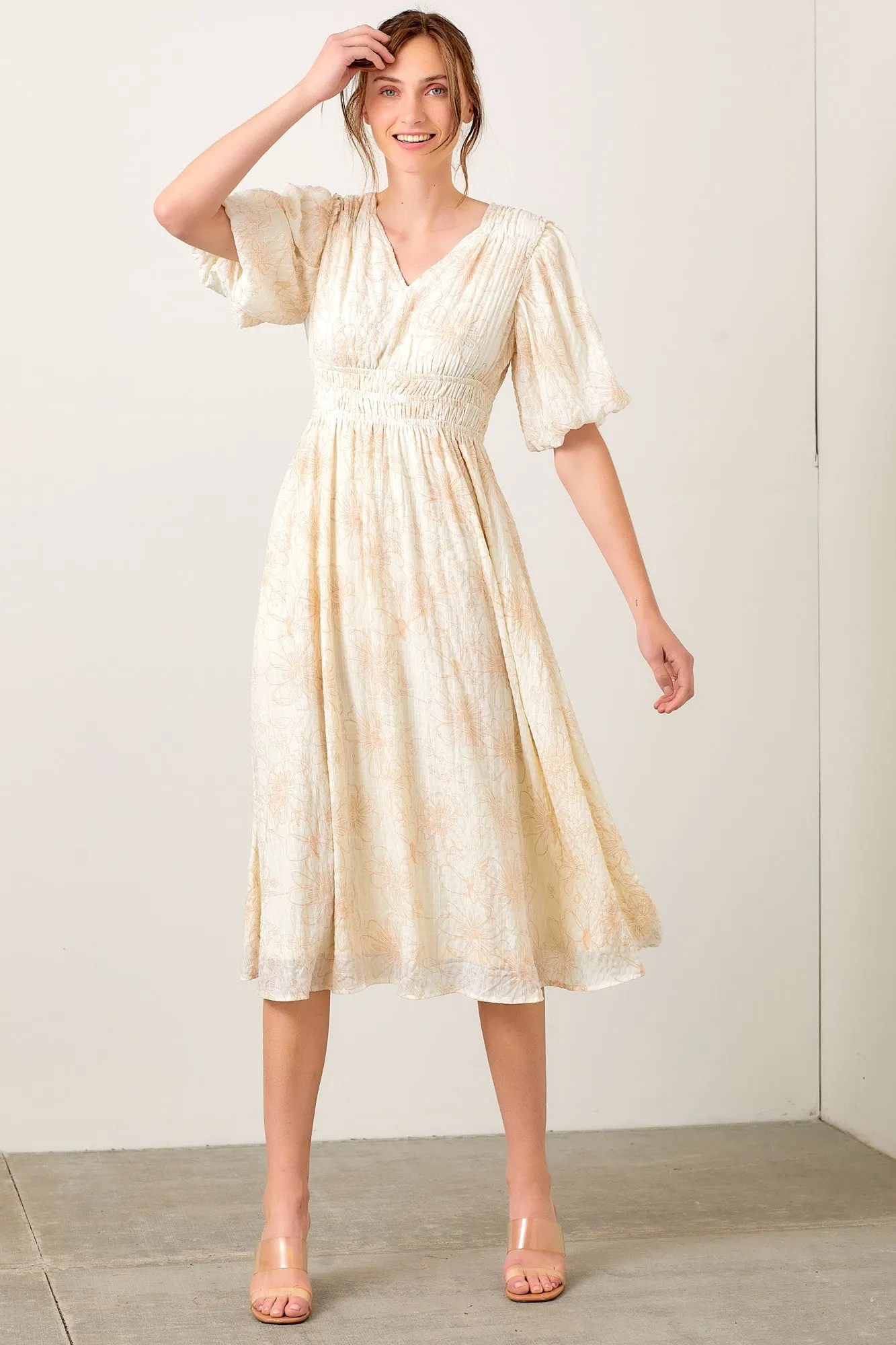 Cream Floral Smocked Waist Midi Dress sold by Pinkblush