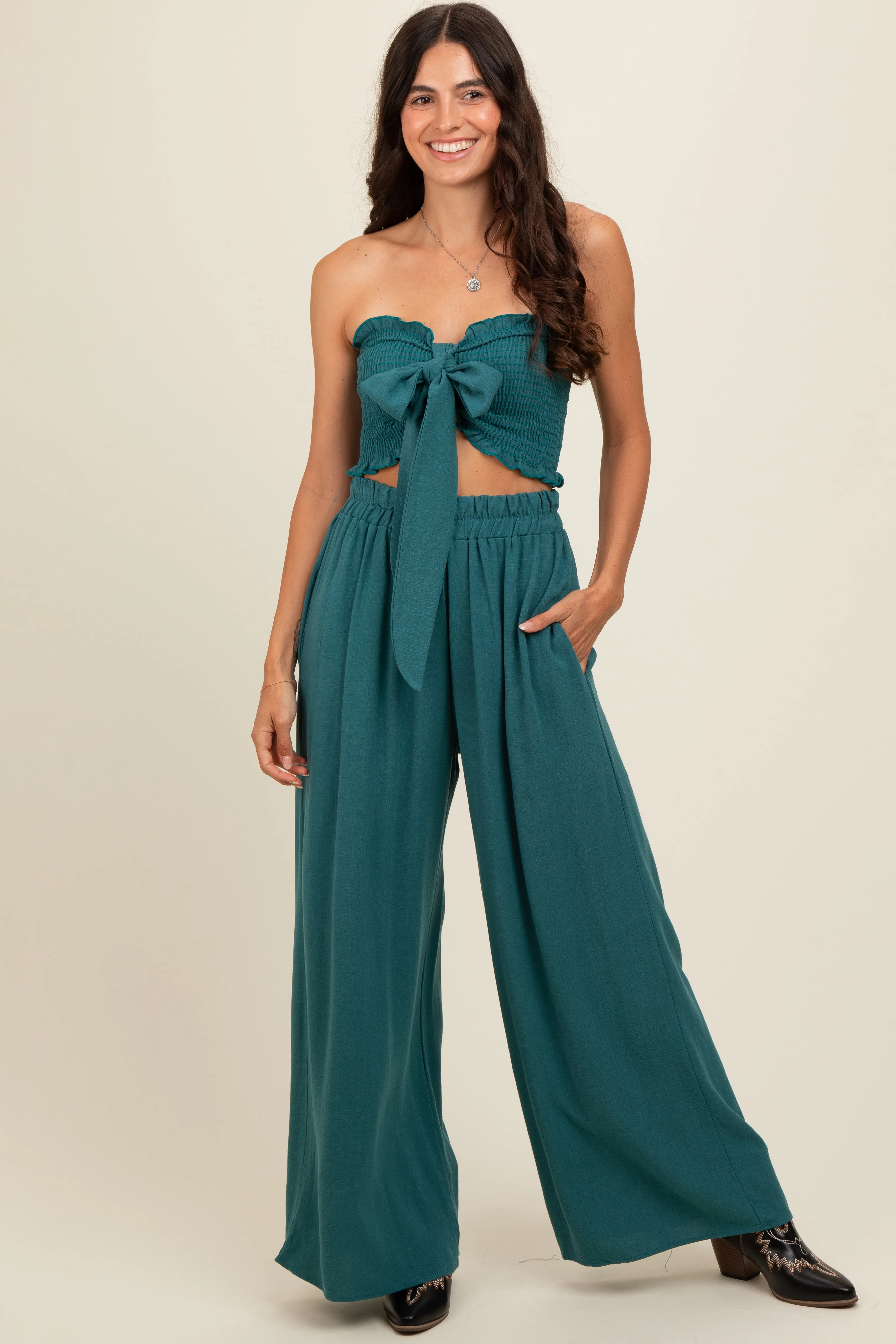 Teal Front Tie Crop Top and Pant Set sold by Pinkblush