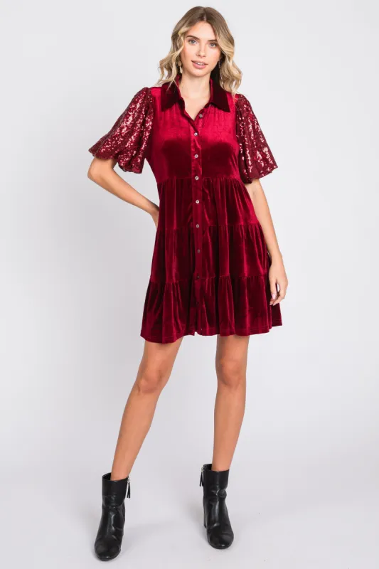Burgundy Velvet Tiered Sequin Short Sleeve Dress sold by Pinkblush