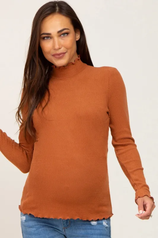 Rust Ribbed Ruffle Trim Mock Neck Maternity Top sold by Pinkblush