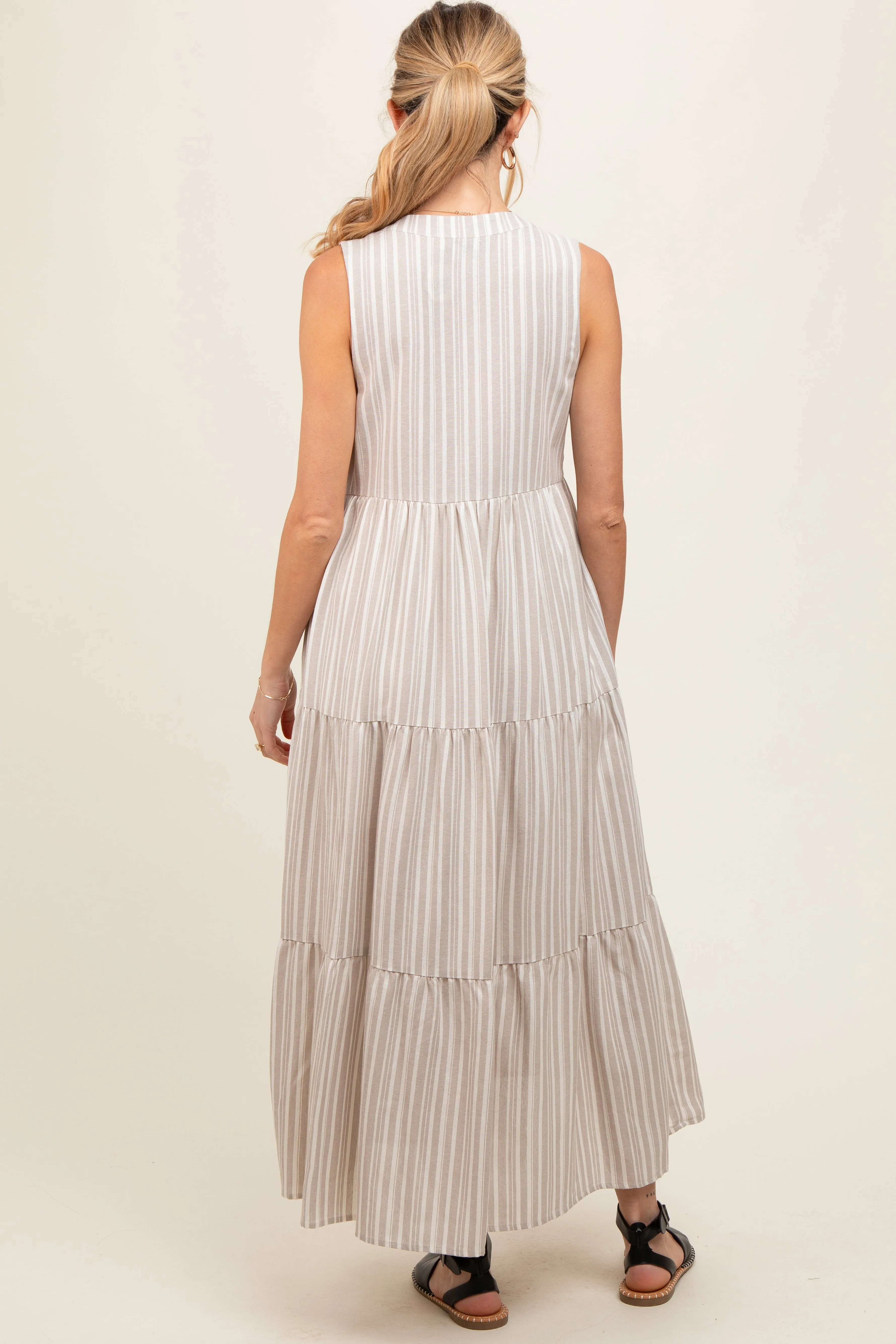 Taupe Striped Sleeveless Tiered Linen Maternity Midi Dress sold by Pinkblush product image thumbnail 3