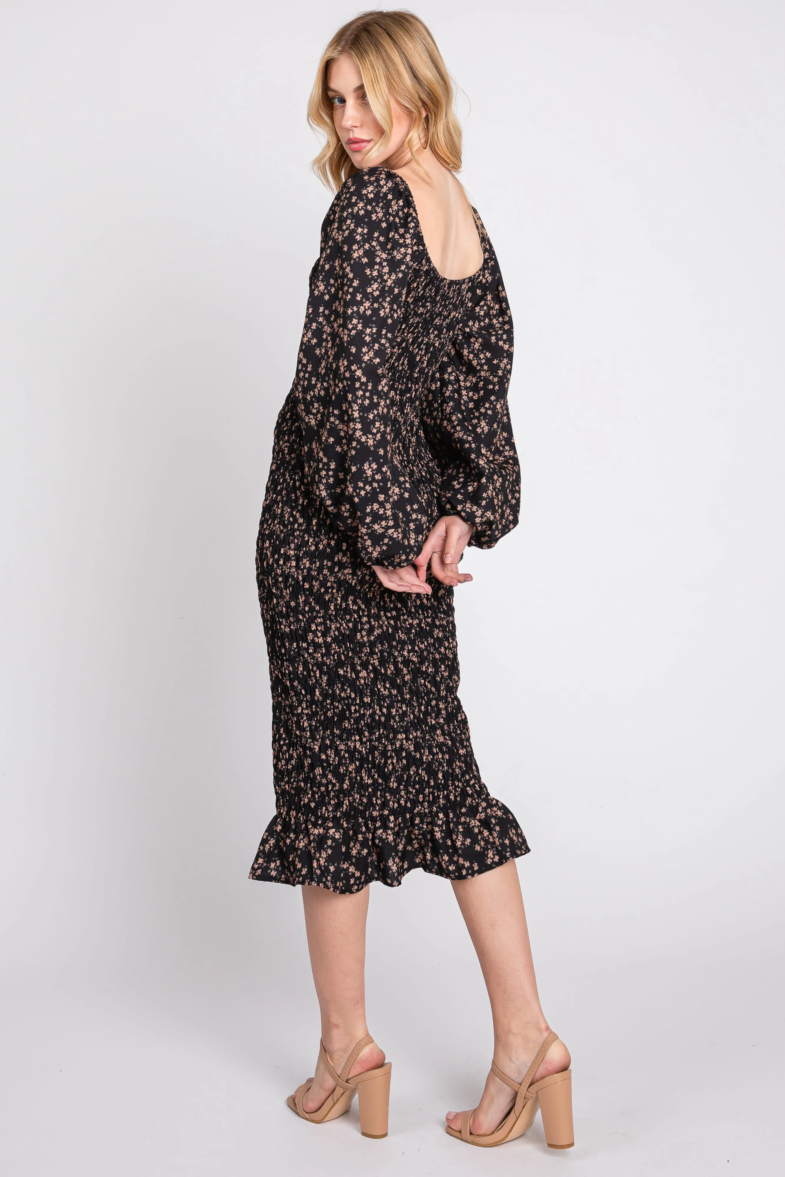 Black Floral Smocked Fitted Long Sleeve Midi Dress sold by Pinkblush product image thumbnail 3