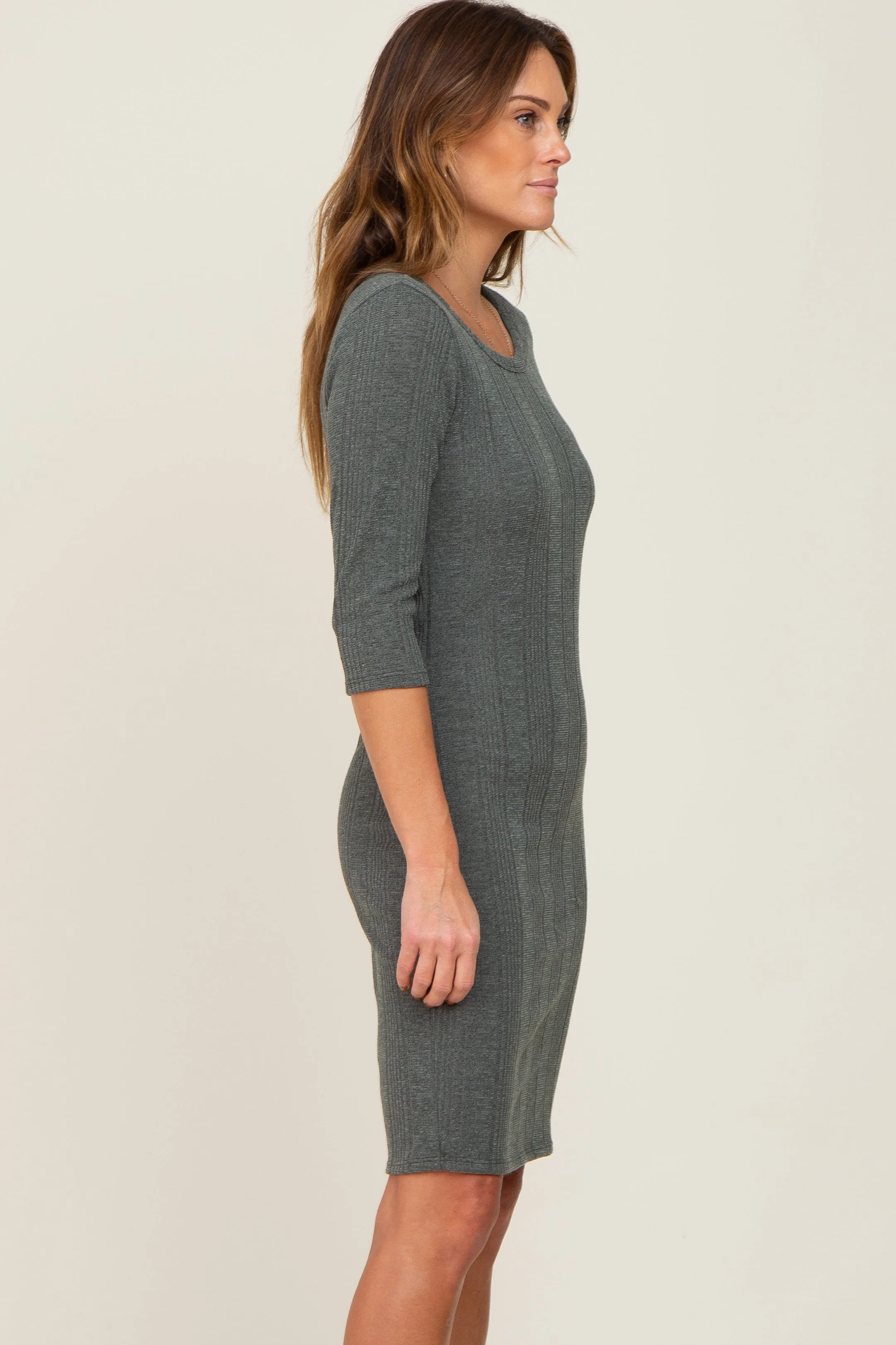 Olive Rib Knit 3/4 Sleeve Dress sold by Pinkblush product image thumbnail 2