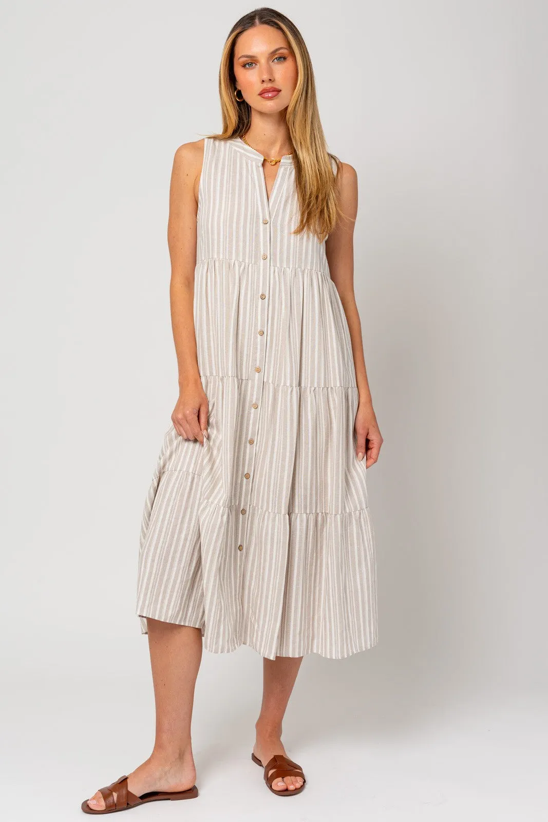 Taupe Striped Sleeveless Tiered Linen Maternity Midi Dress sold by Pinkblush product image thumbnail 4