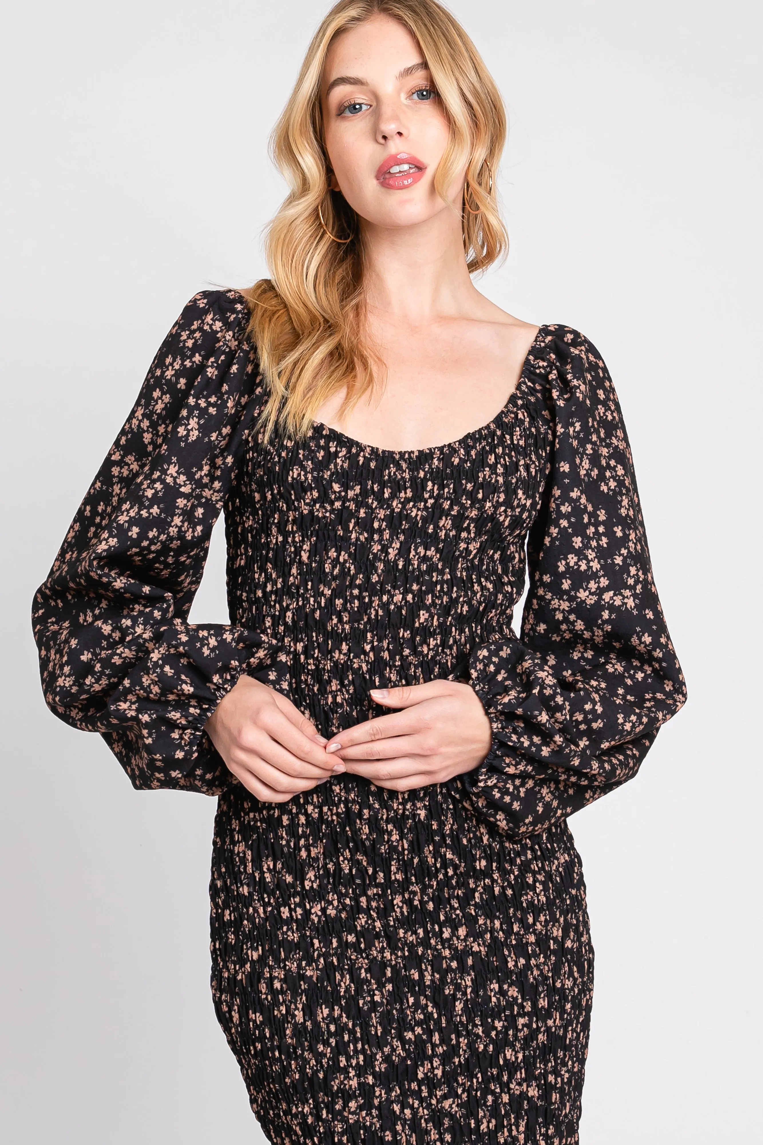 Black Floral Smocked Fitted Long Sleeve Midi Dress sold by Pinkblush product image thumbnail 4