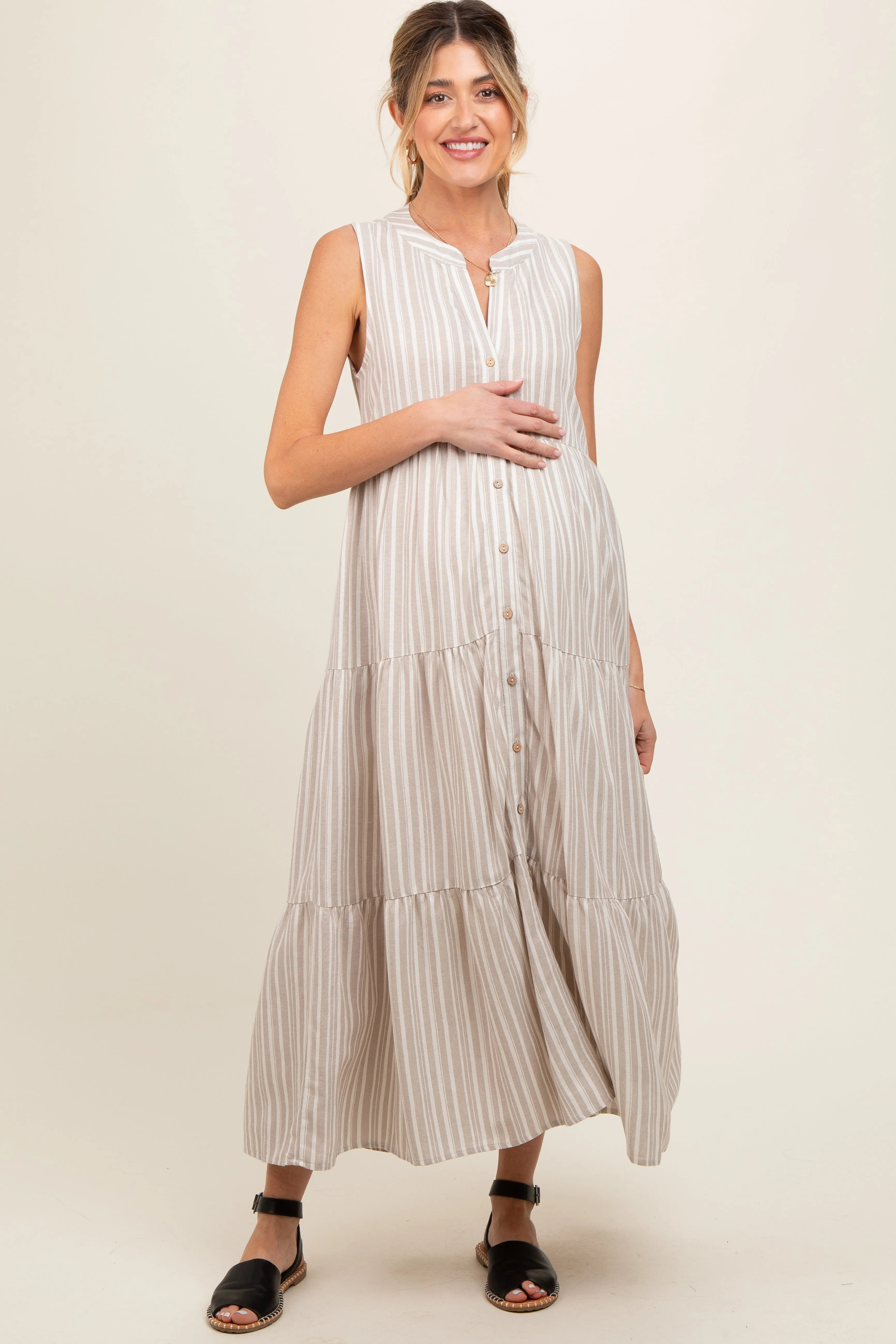Taupe Striped Sleeveless Tiered Linen Maternity Midi Dress sold by Pinkblush
