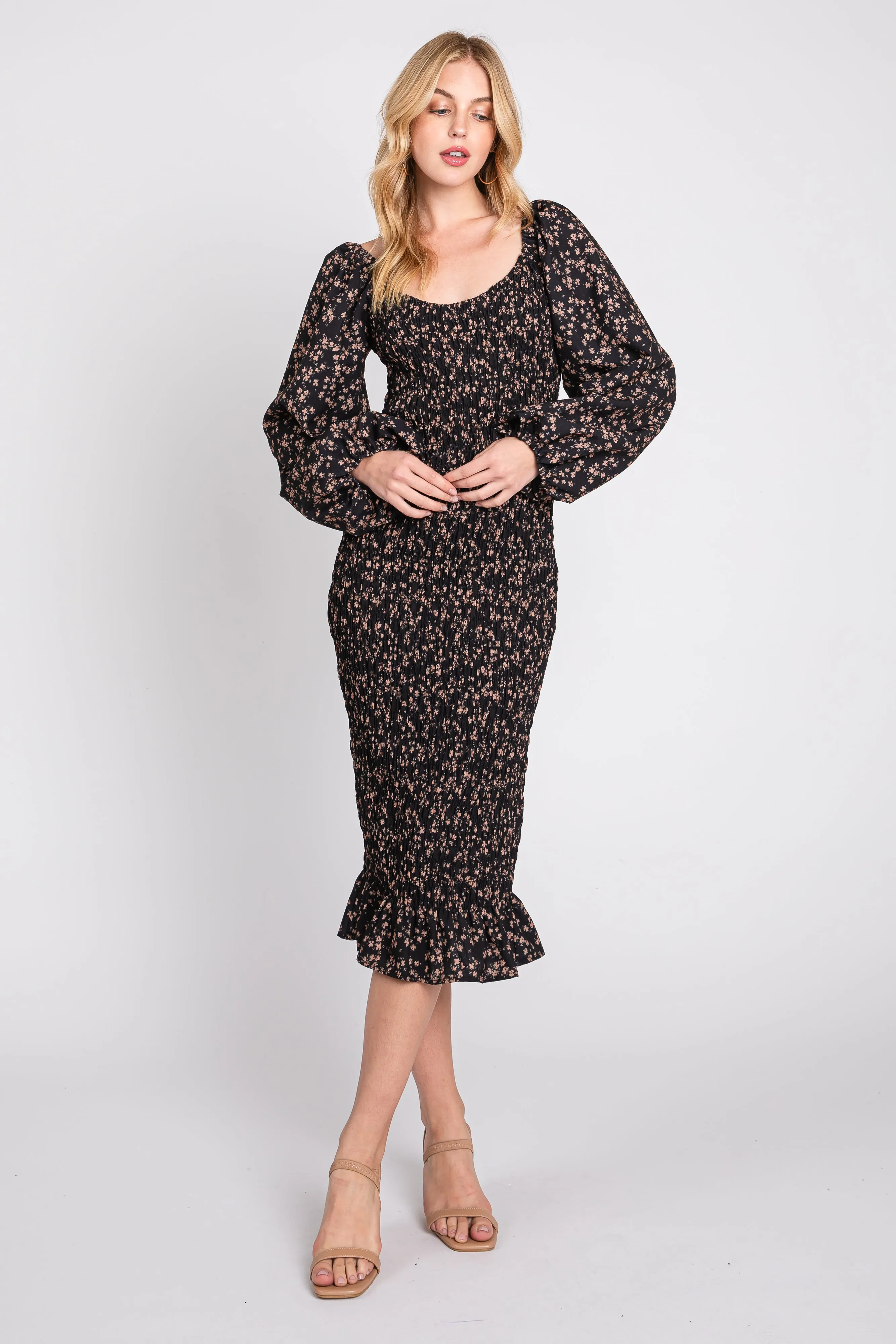 Black Floral Smocked Fitted Long Sleeve Midi Dress sold by Pinkblush