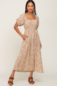 Mocha Floral Puff Sleeve Maternity Maxi Dress sold by Pinkblush