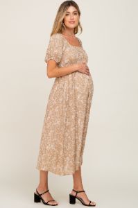 Mocha Floral Puff Sleeve Maternity Maxi Dress sold by Pinkblush