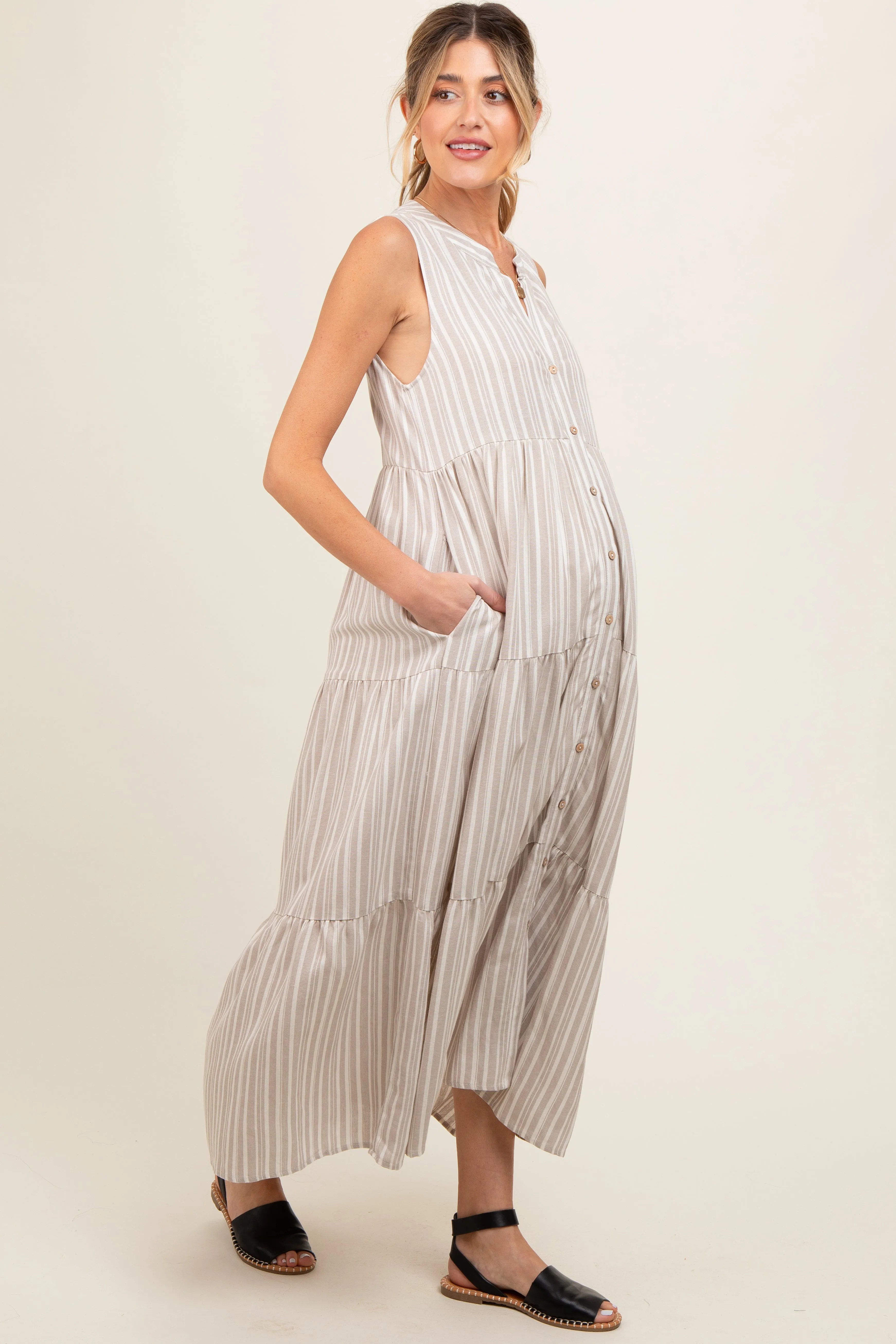Taupe Striped Sleeveless Tiered Linen Maternity Midi Dress sold by Pinkblush product image thumbnail 2