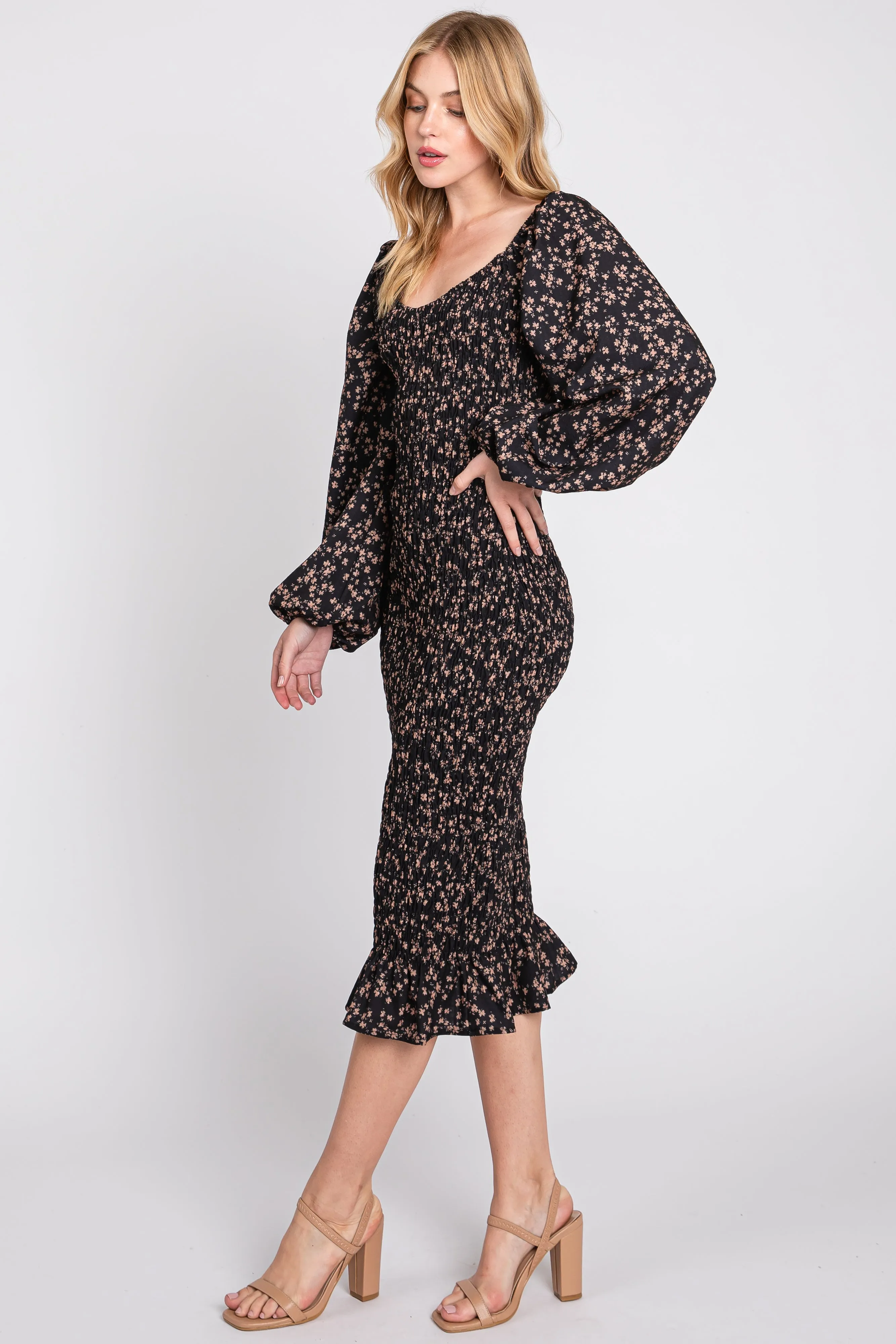 Black Floral Smocked Fitted Long Sleeve Midi Dress sold by Pinkblush product image thumbnail 2