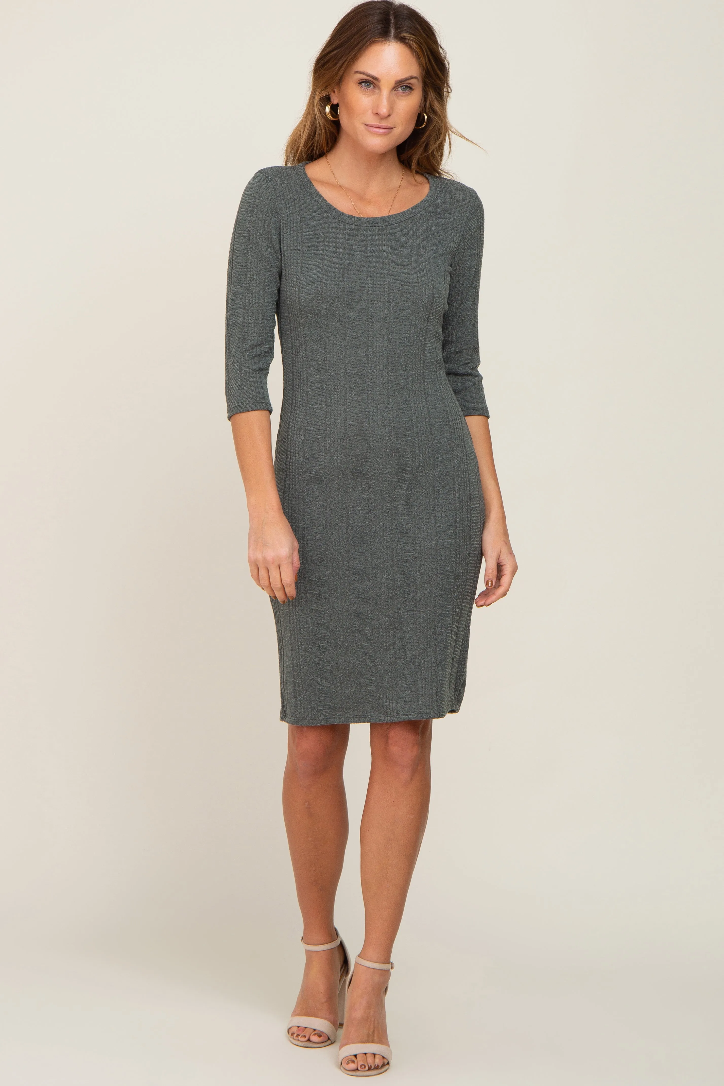 Olive Rib Knit 3/4 Sleeve Dress sold by Pinkblush product image thumbnail 4