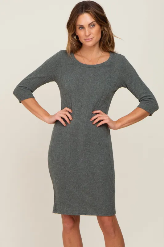 Olive Rib Knit 3/4 Sleeve Dress sold by Pinkblush