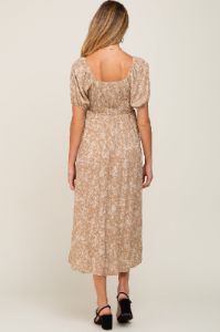 Mocha Floral Puff Sleeve Maternity Maxi Dress sold by Pinkblush