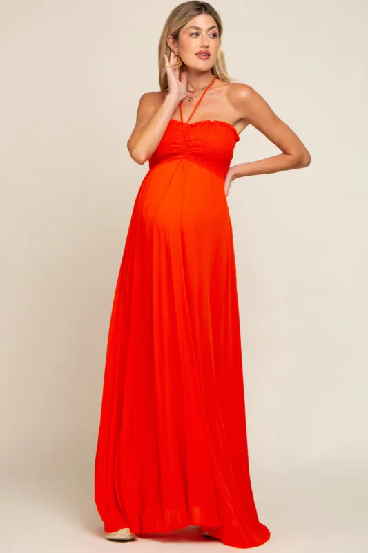 Orange Smocked Halter Maternity Maxi Dress sold by Pinkblush