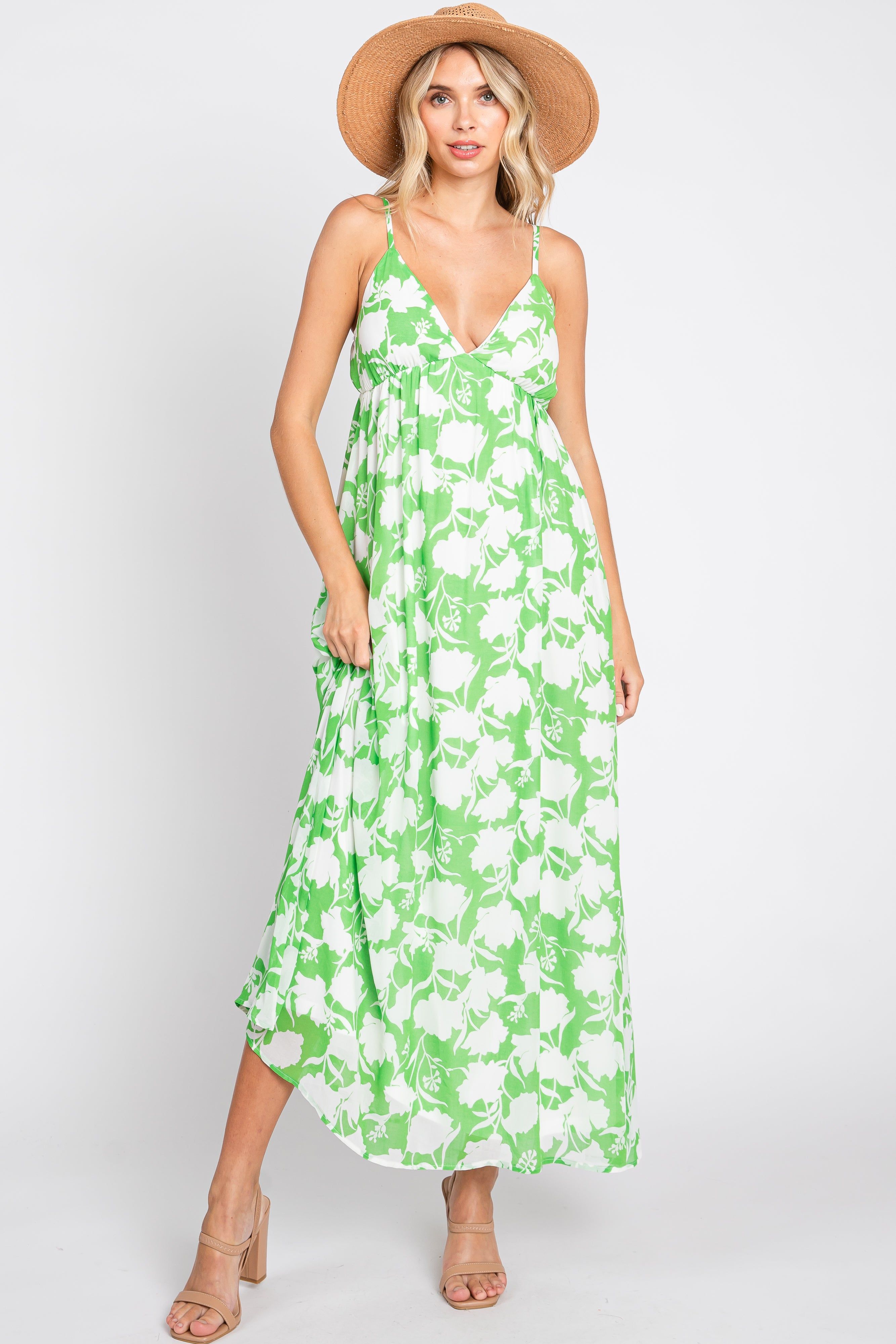 Green Floral Chiffon Deep V-Neck Sleeveless Maxi Dress sold by Pinkblush product image thumbnail 4