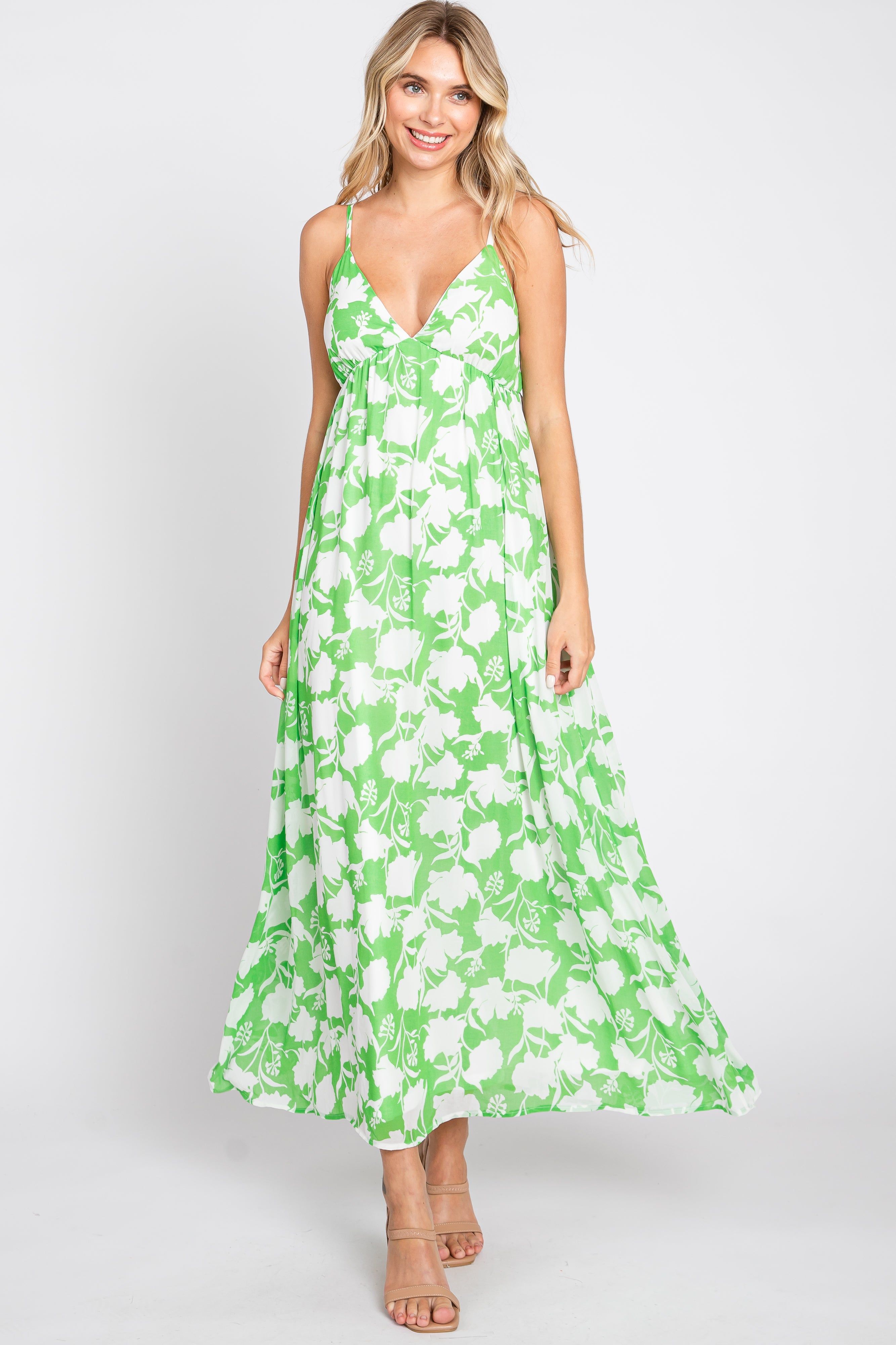 Green Floral Chiffon Deep V-Neck Sleeveless Maxi Dress sold by Pinkblush