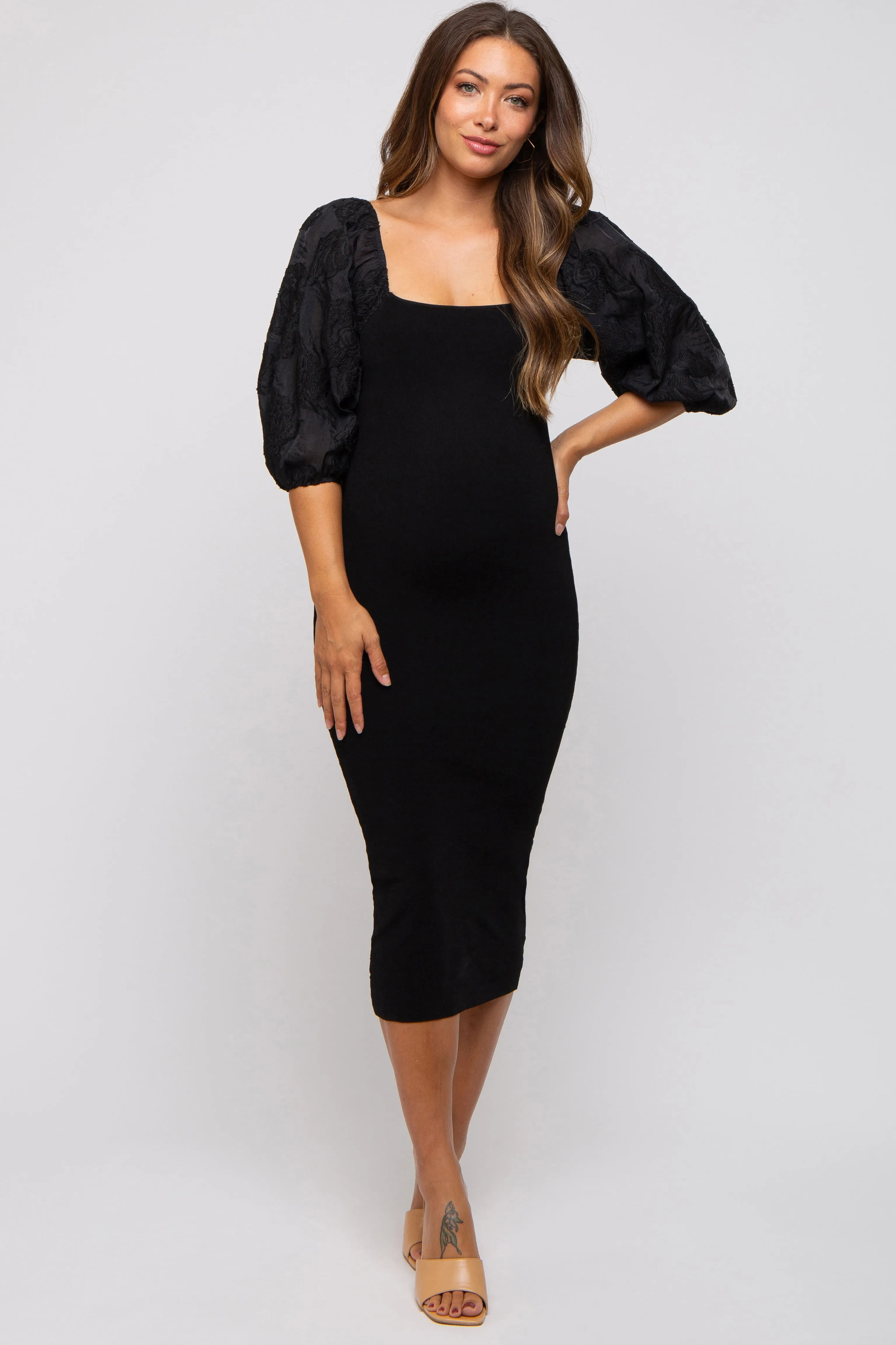Black Floral Puff Sleeve Maternity Midi Dress sold by Pinkblush