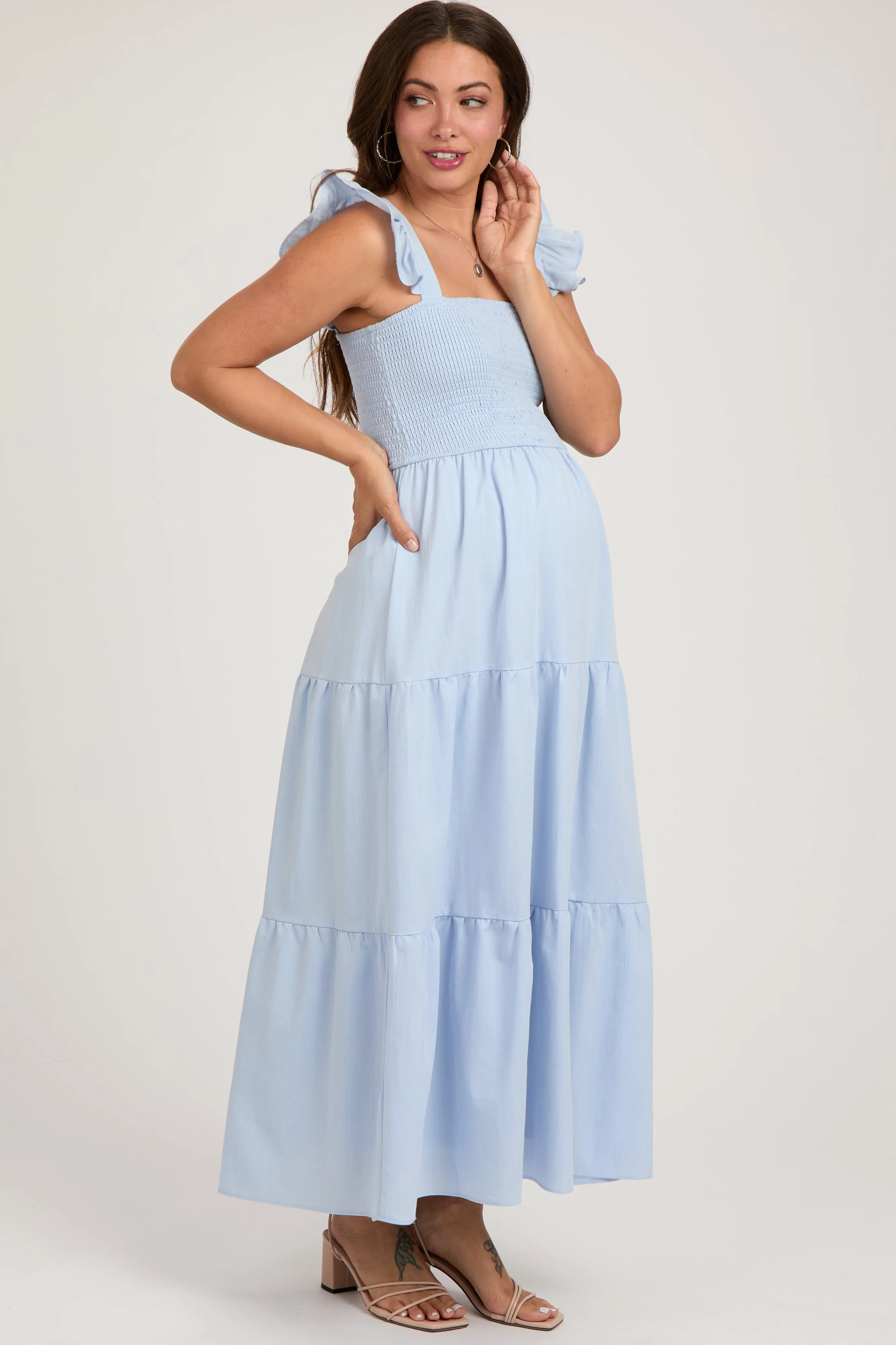 Light Blue Sleeveless Smocked Tiered Maternity Maxi Dress sold by Pinkblush product image thumbnail 2