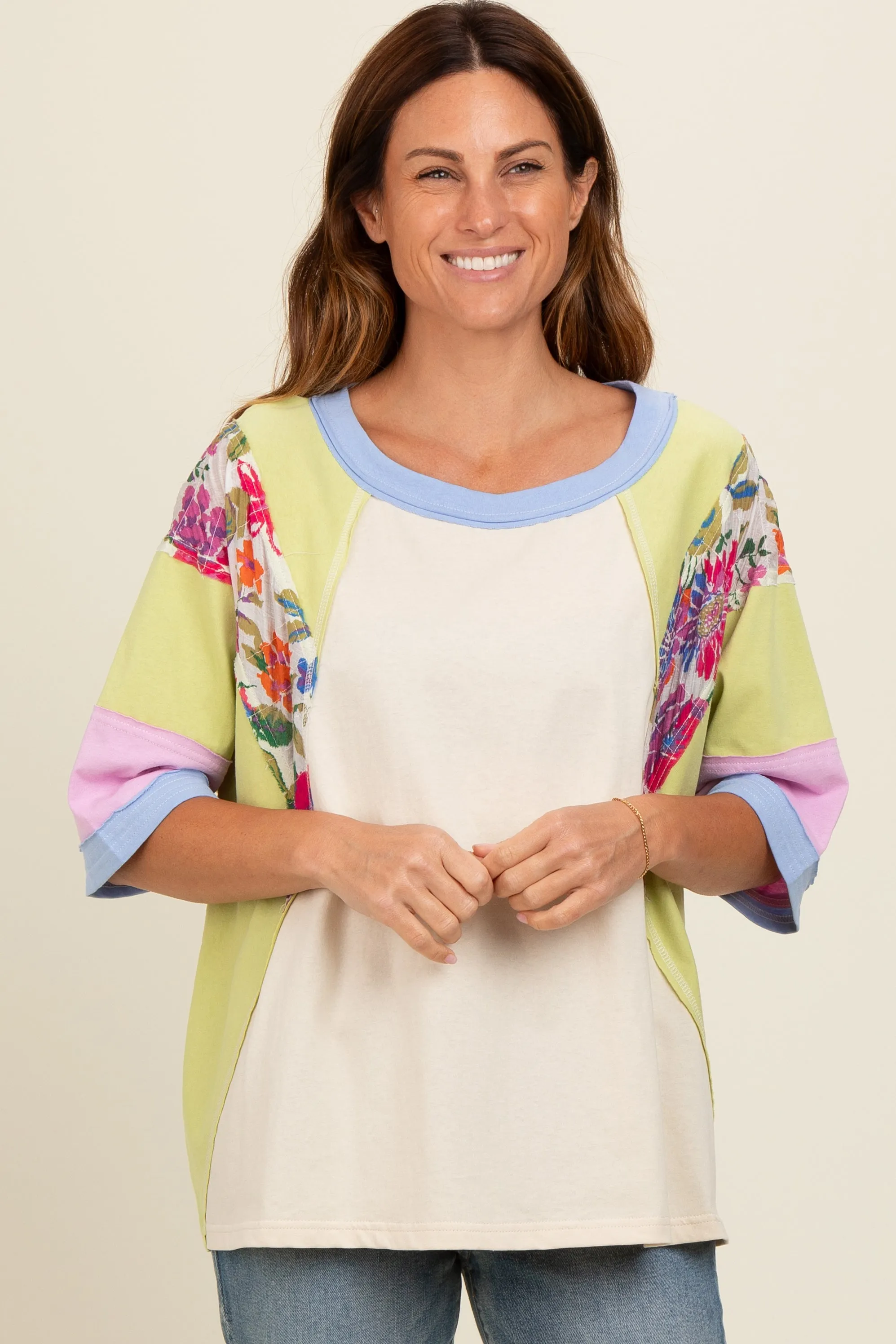 Lime Floral Colorblock Raw Hem Oversized Top sold by Pinkblush