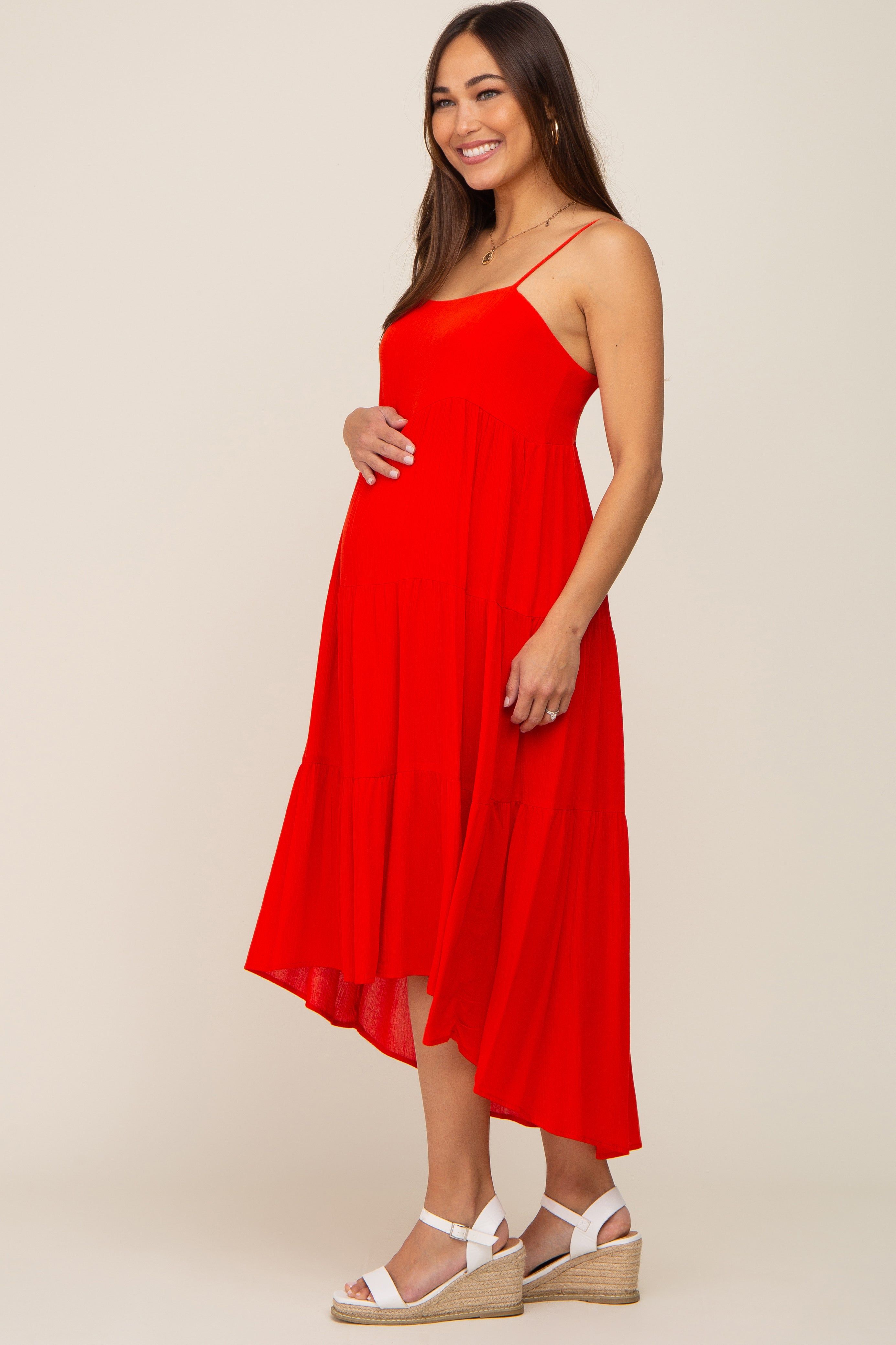 Red Square Neck Tiered Hi-Low Maternity Midi Dress sold by Pinkblush product image thumbnail 3
