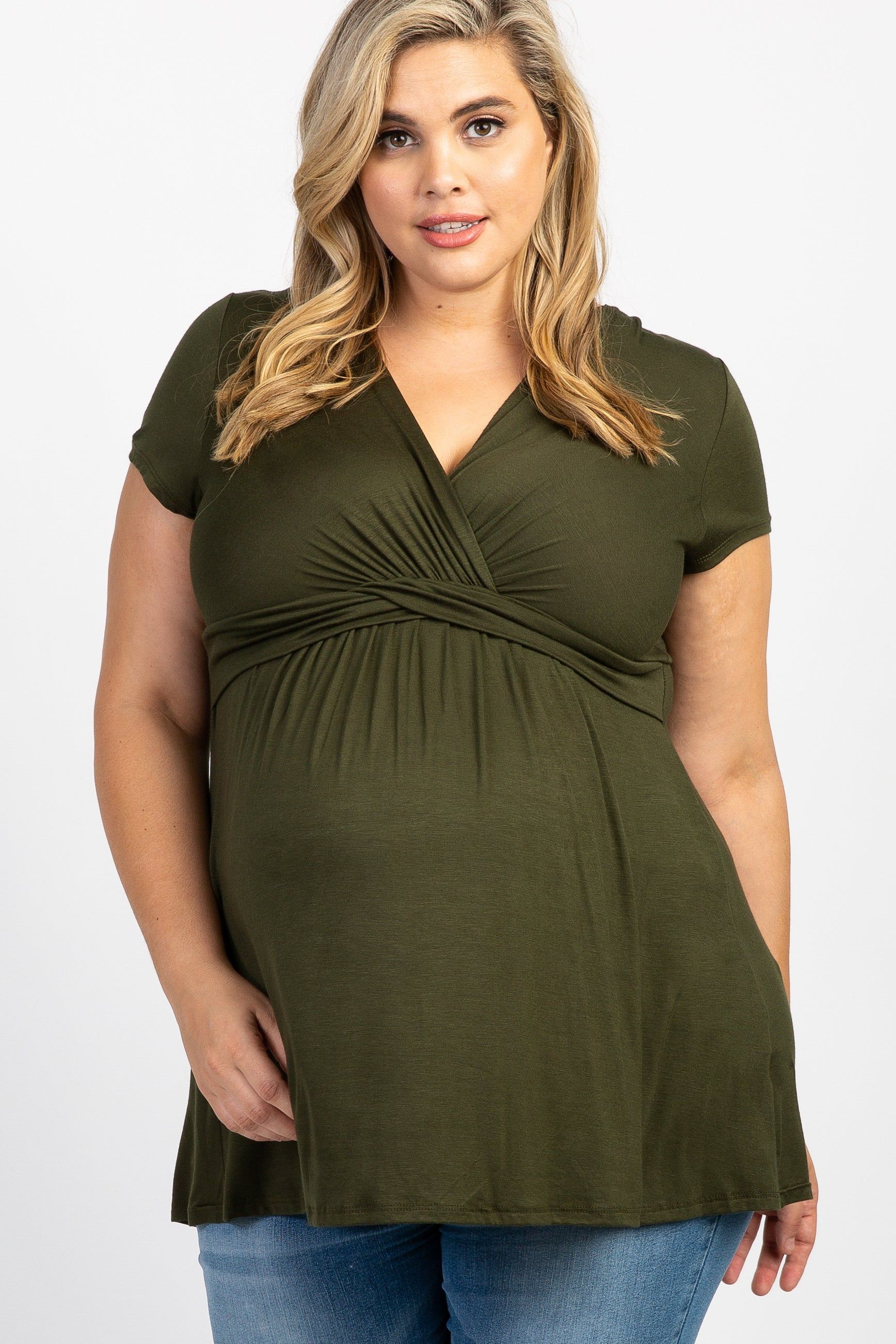 PinkBlush Olive Draped Front Plus Maternity/Nursing Top sold by Pinkblush