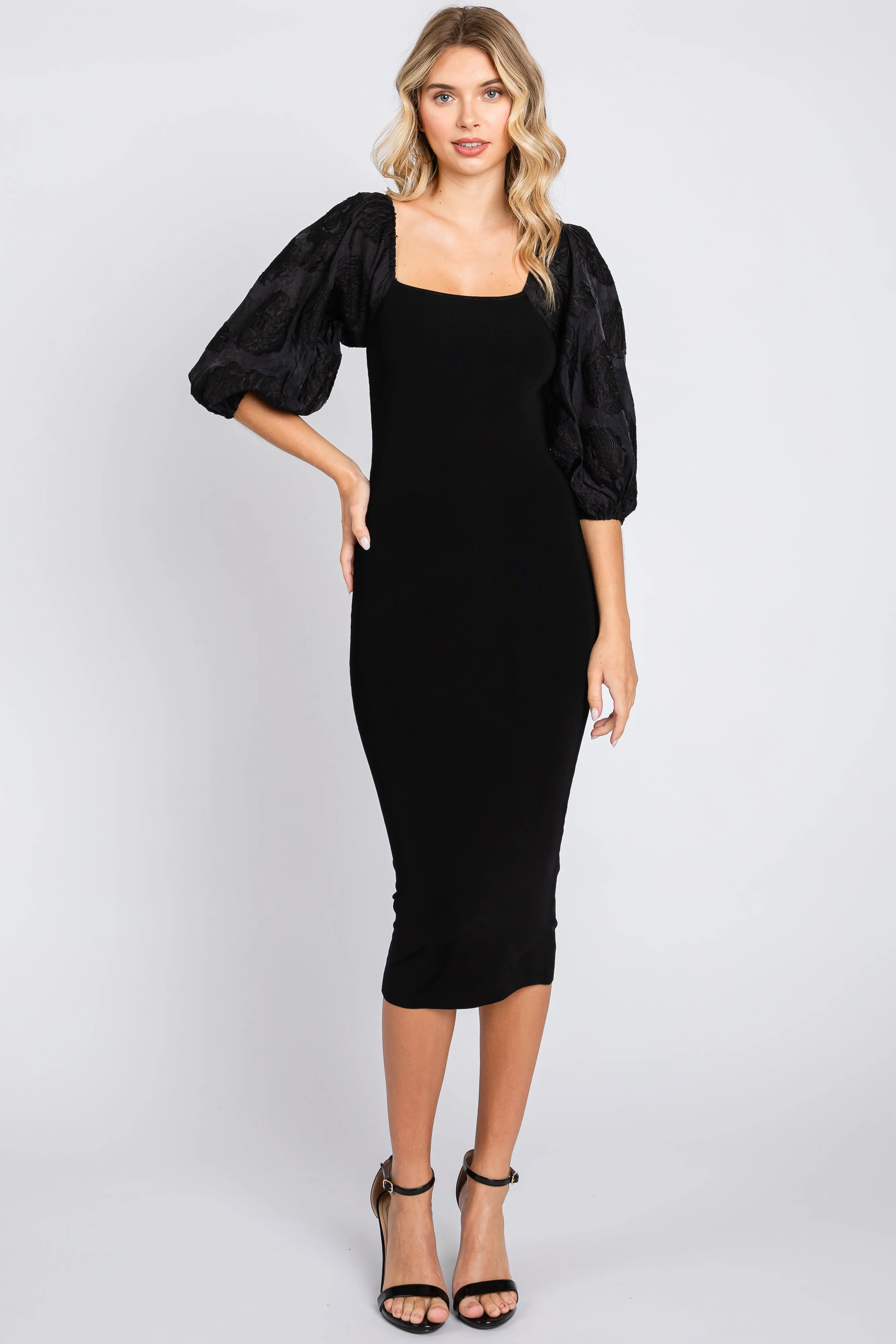 Black Floral Puff Sleeve Maternity Midi Dress sold by Pinkblush product image thumbnail 5