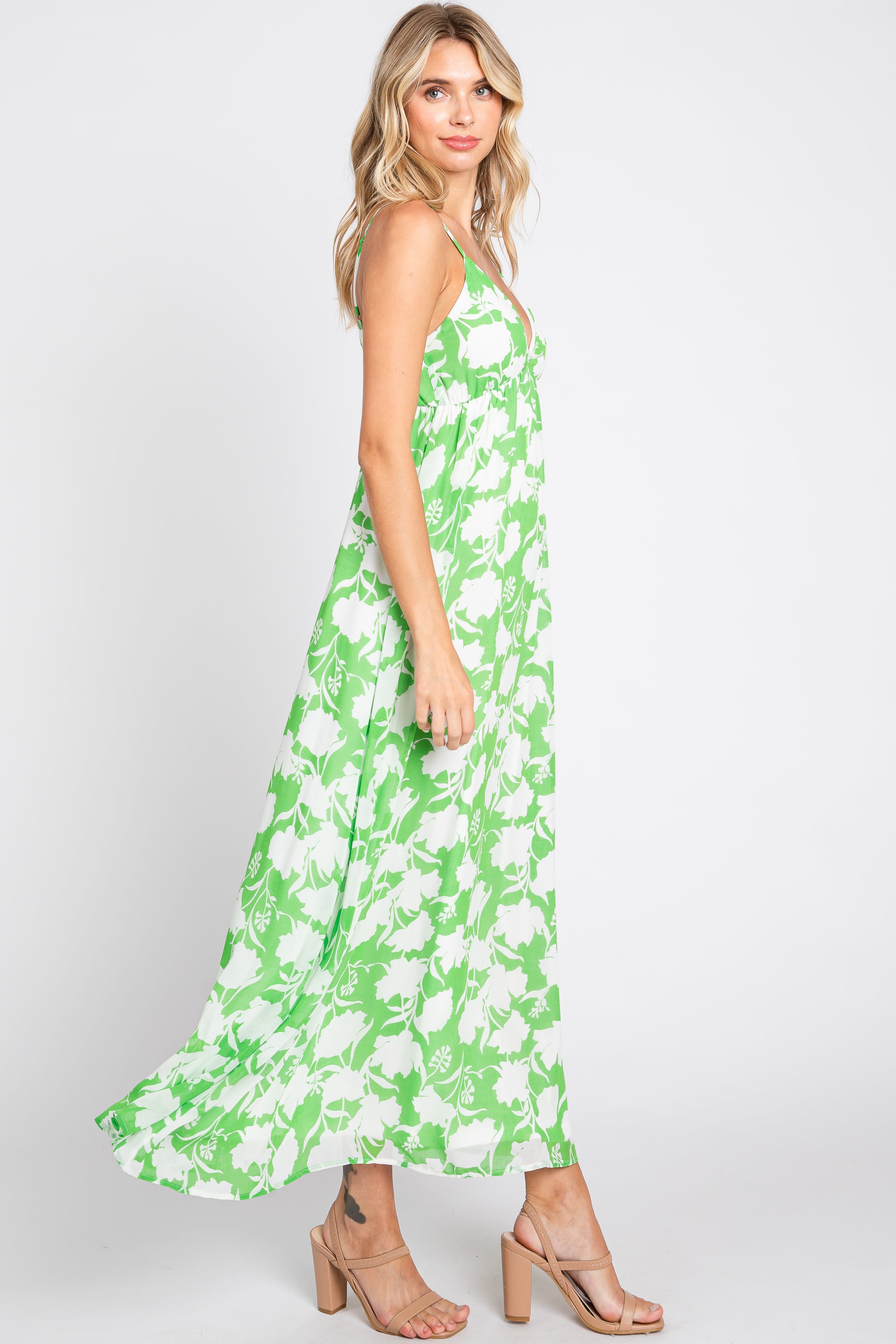 Green Floral Chiffon Deep V-Neck Sleeveless Maxi Dress sold by Pinkblush product image thumbnail 2