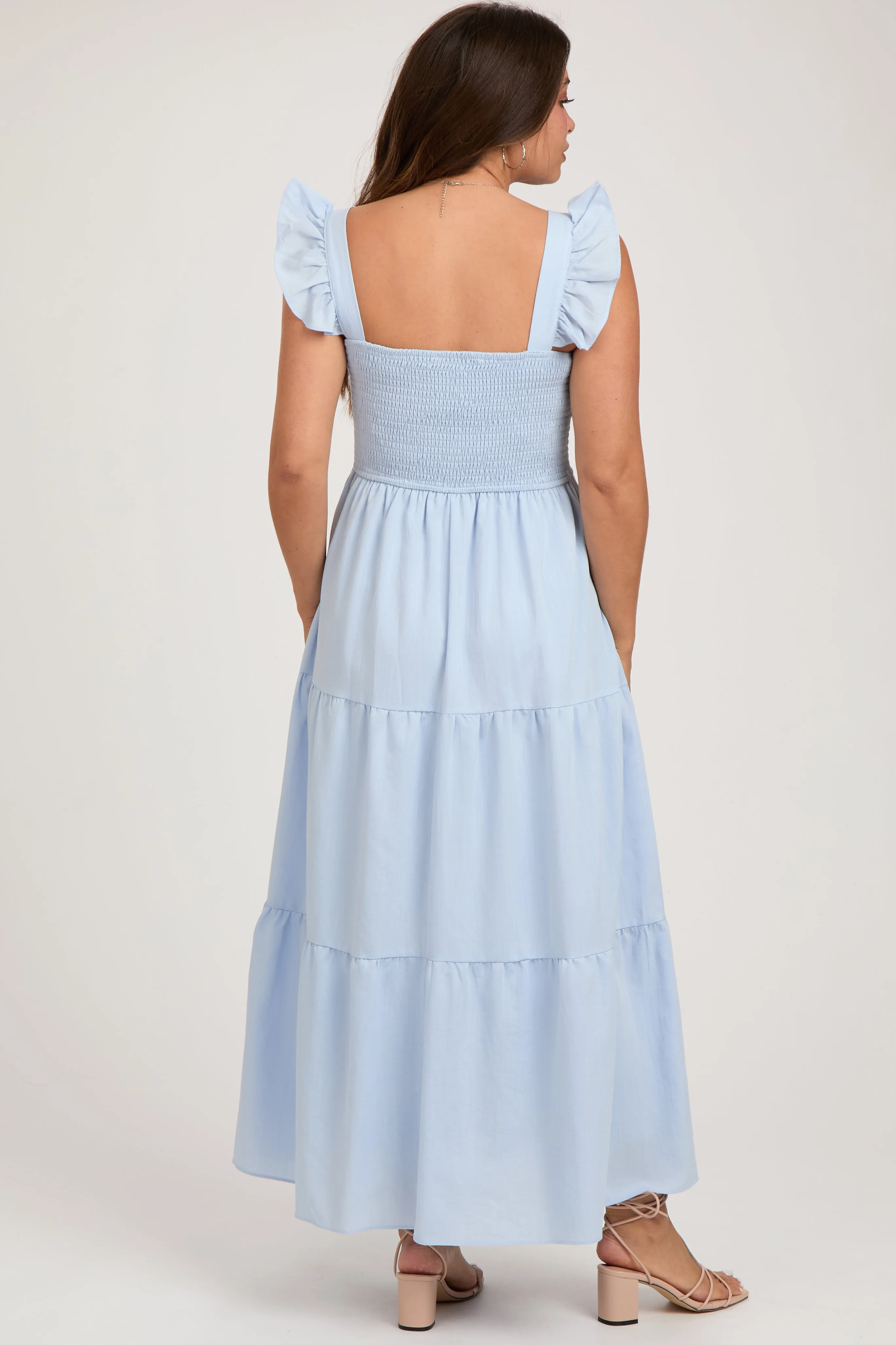 Light Blue Sleeveless Smocked Tiered Maternity Maxi Dress sold by Pinkblush product image thumbnail 3